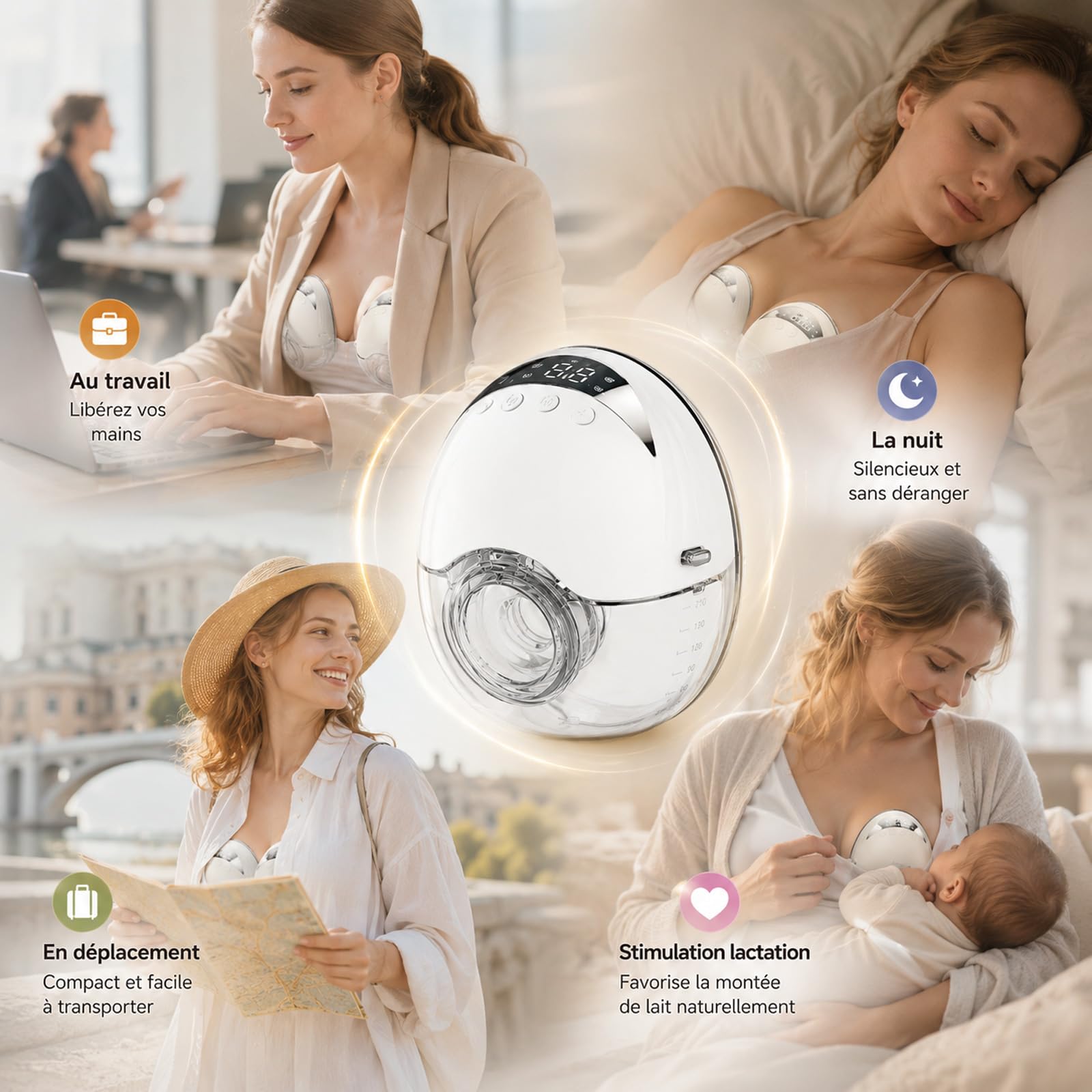 Tire lait électrique main libre - 24mm- 4 modes et 12 niveaux personnalisés - Type-C Écran LED - discret sans fil Lot de 2