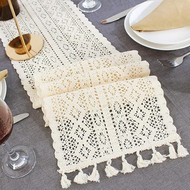 Macrame Table Runner, Cotton Crochet Lace Table Runner with Tassels, Vintage Wedding Table Runner Bohemians Dining Room Style for Wedding Bridal Dining Table(24x160cm)