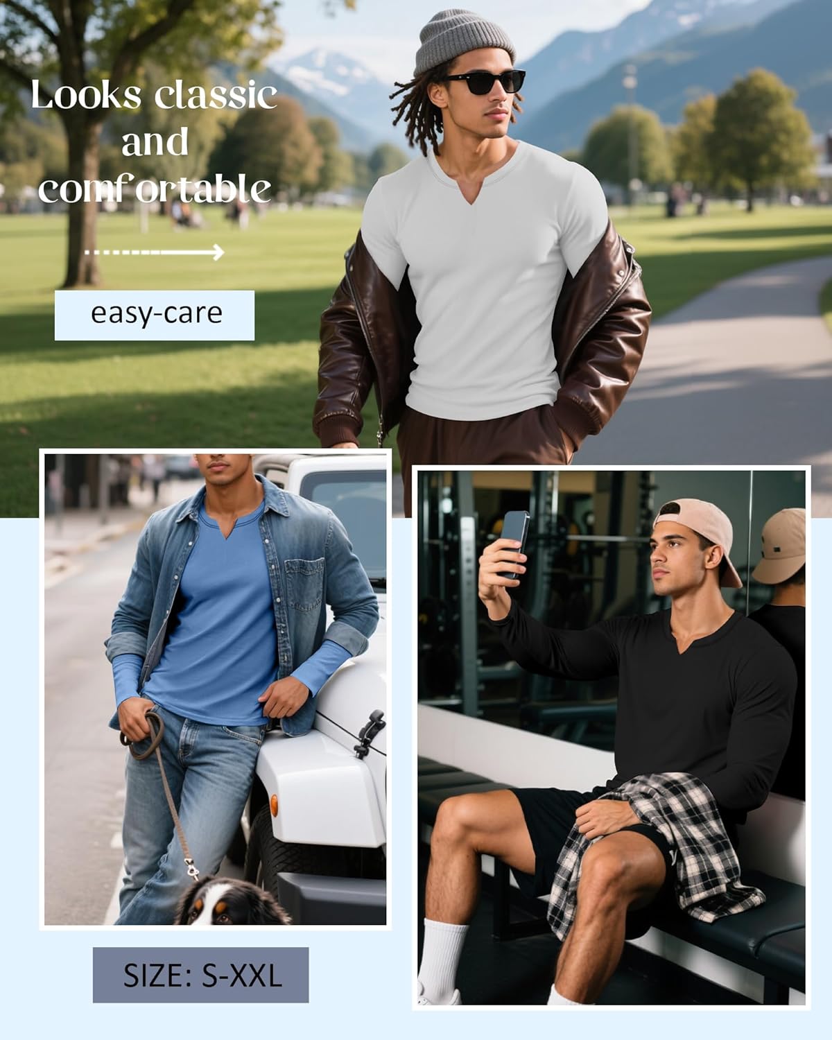 Riyiper 3 Pack Men's Long Sleeve T Shirts, V Neck Longline Henley Cotton Shirts Casual Muscle Tee Stretch Athletic Tops - Image 6