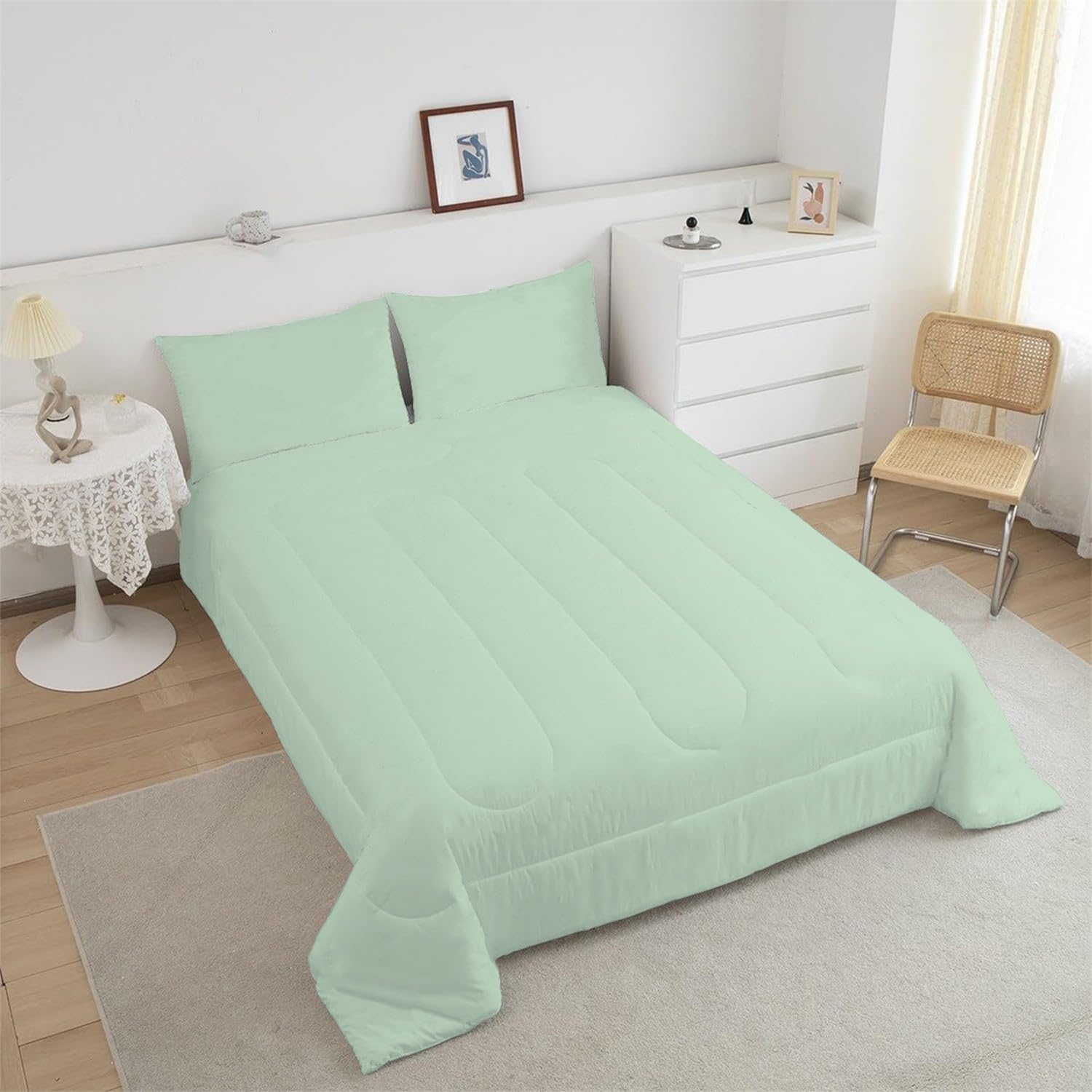 Kołdra 135 x 200 na 4 pory roku, dwustronna, pikowana, zielona, miękka, całoroczna, nadaje się do prania, lekka ciepła kołdra do spania, 200 g/m², z 2 poszewkami na poduszkę