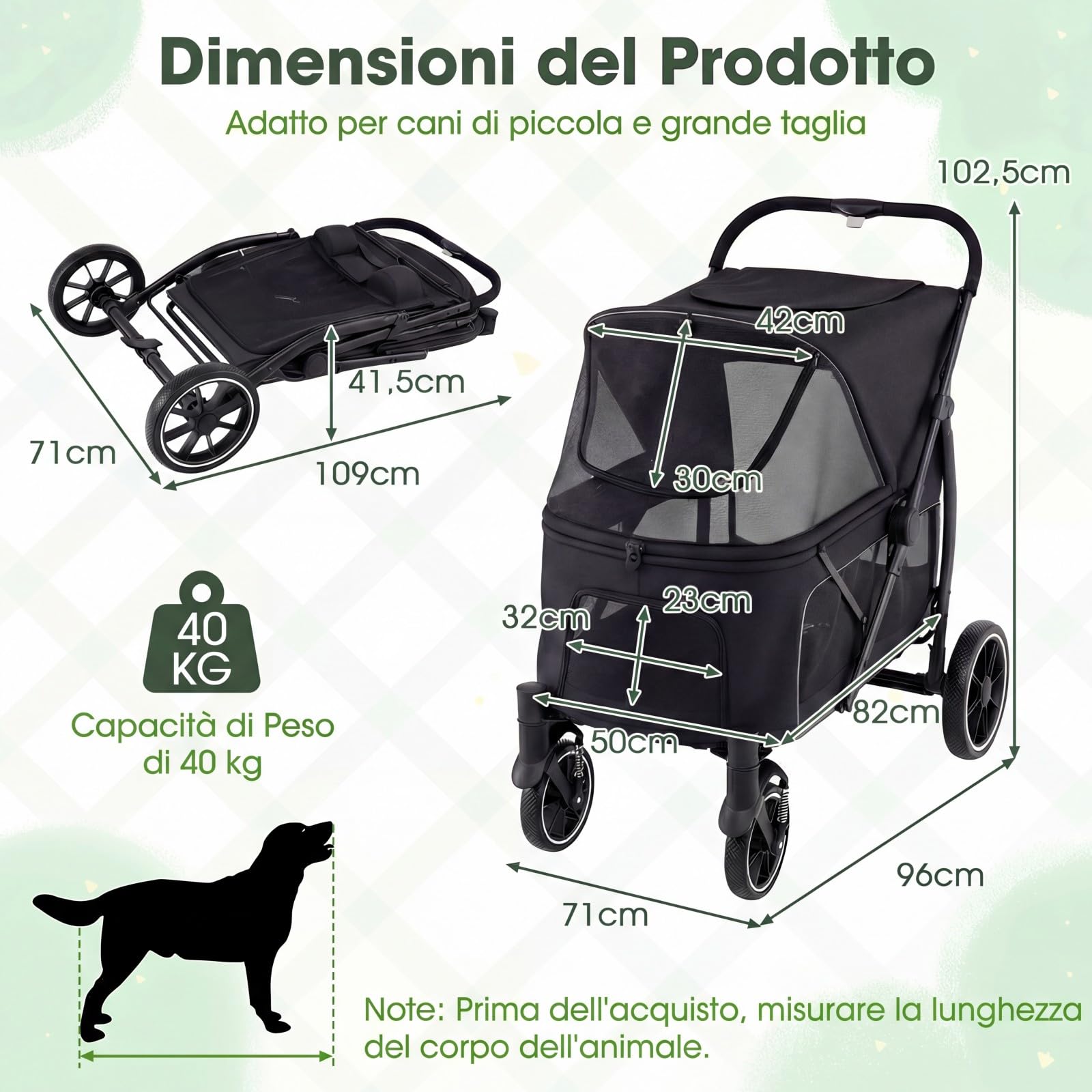 COSTWAY Passeggino Pieghevole per Cani, Carrozzina per Cani Fino a 40 kg con Entrata Bassa, Finestra Regolabile in Rete, Tasche Portaoggetti e Cintura di Sicurezza per Animali Tutte le Taglie (Nero)