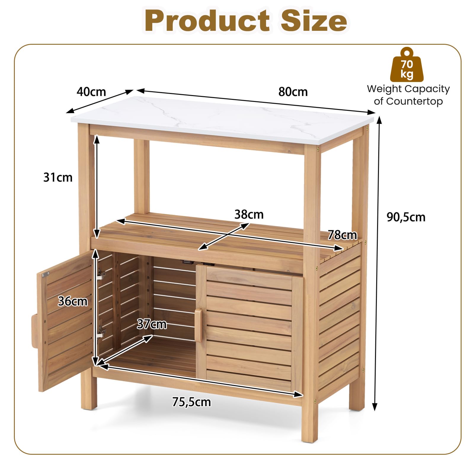 KOMFOTTEU Armario de Exterior de Madera Maciza, Aparador de Jardín con Tablero de Resina, Mueble de Almacenamiento con 2 Puertas y 2 Estantes Abiertos, Cobertizo para Balcón, Patio, 80 x 40 x 91 cm