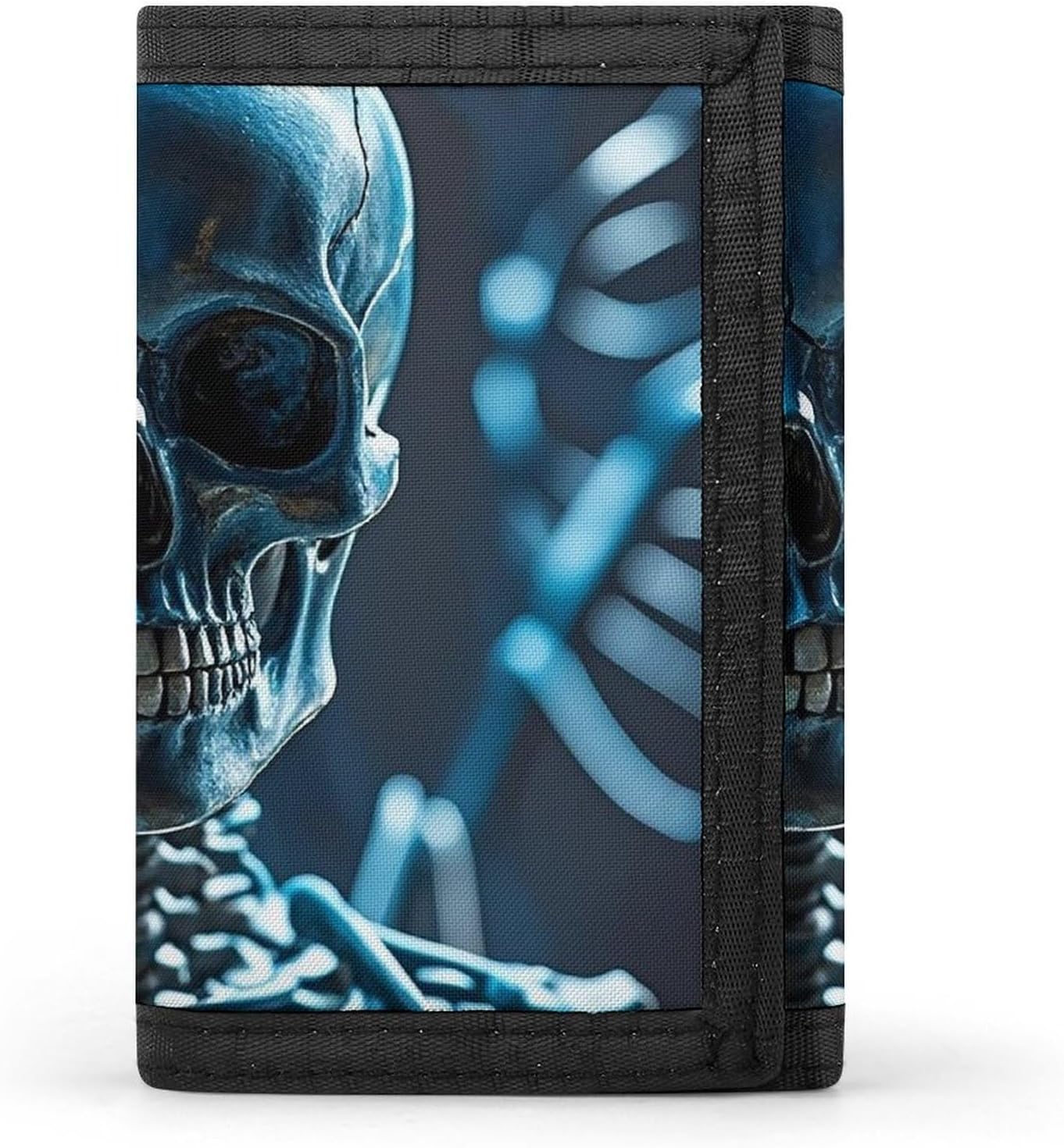 Trifold Canvas Wallet with Keychain, Modern Fashion Credit Card Holder Wallet for Men Women, Blue Skull And Bones Slim Wallets W/Zipper Coin Pocket, Novelty Birthday Gift