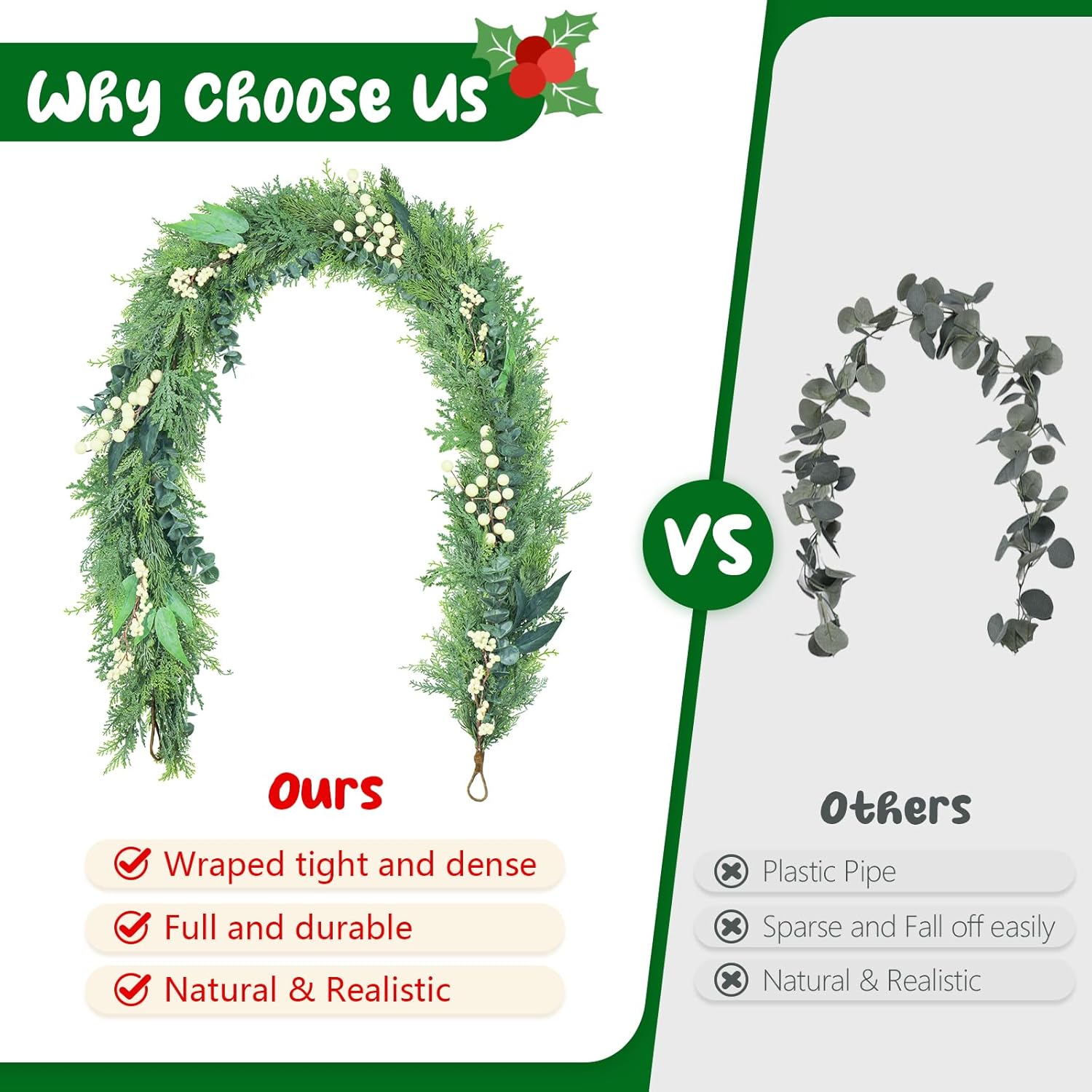 6FT Garland Real Touch Cedar Eucalyptus White Berry Garland Perfect for Spring Mantels, Summer Porches, and Modern Farmhouse Decor