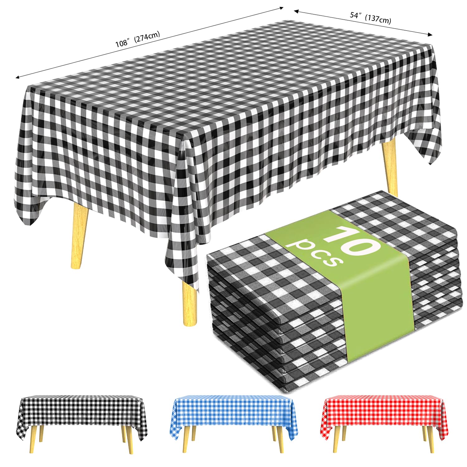 Prostokątny obrus z tworzywa sztucznego, jednorazowy, 10 sztuk, 137 x 274 cm, do użytku na zewnątrz, wodoszczelny, na imprezy, na stół piwny, obrus na piknik, wesele, obrus ogrodowy (10,