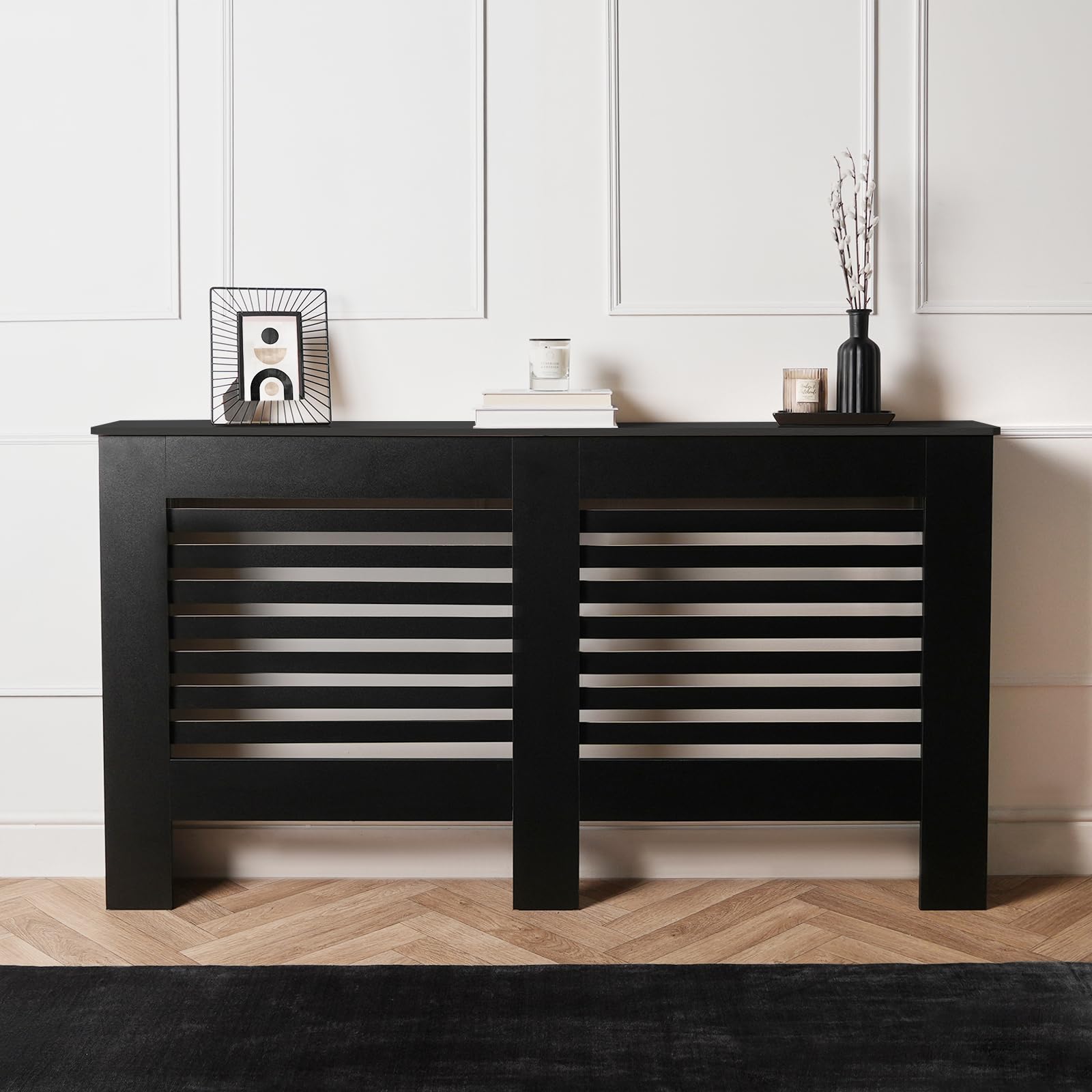 OHS Large Radiator Heating Furniture Cover, Stylish Wooden Frame Slatted Design Decorative Top Shelf Radiator Cover MDF for Living Room Bedroom Hallway, Black โ image 1