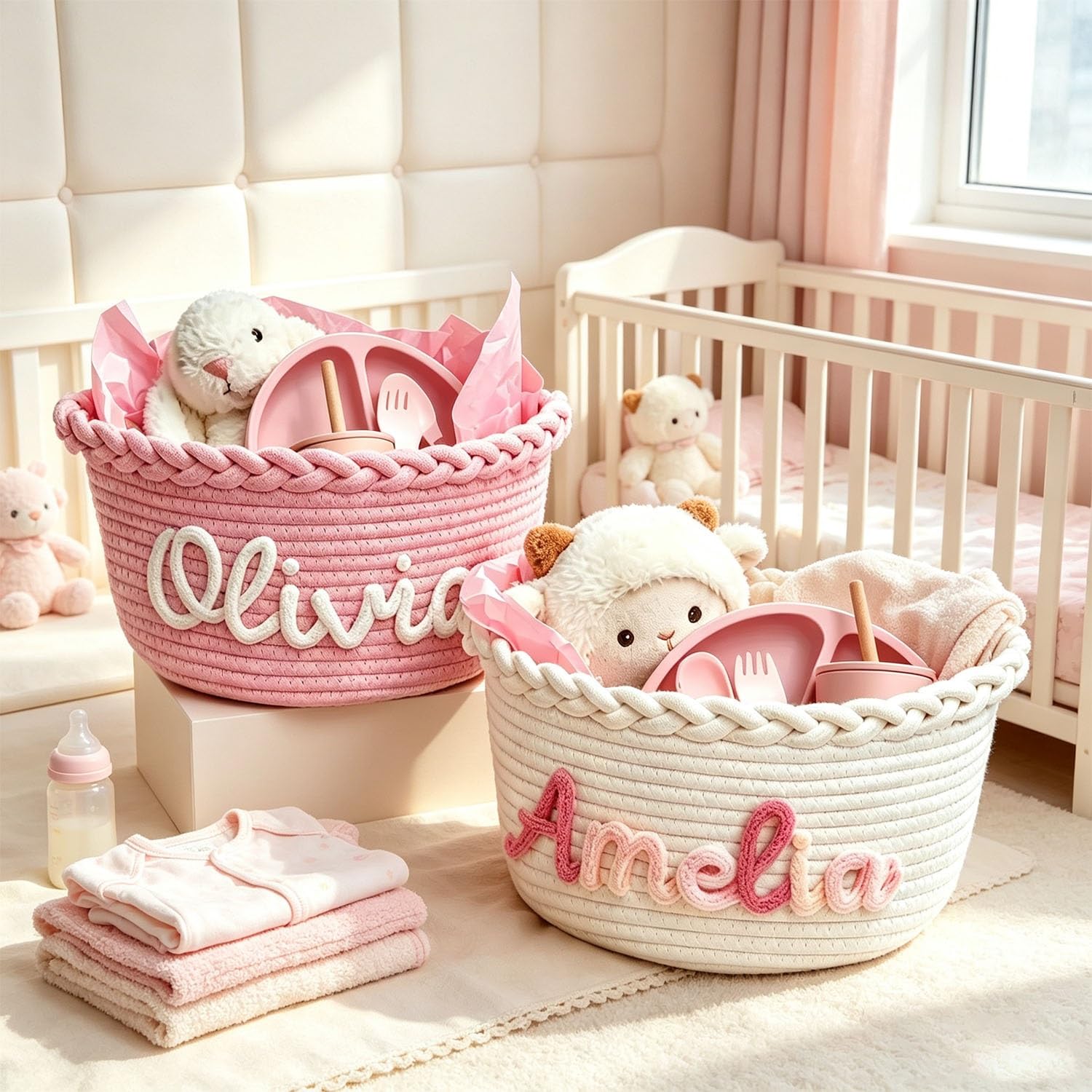 Custom Name Cotton Baby Basket, Boho Nursery Storage For Diapers & Wipes