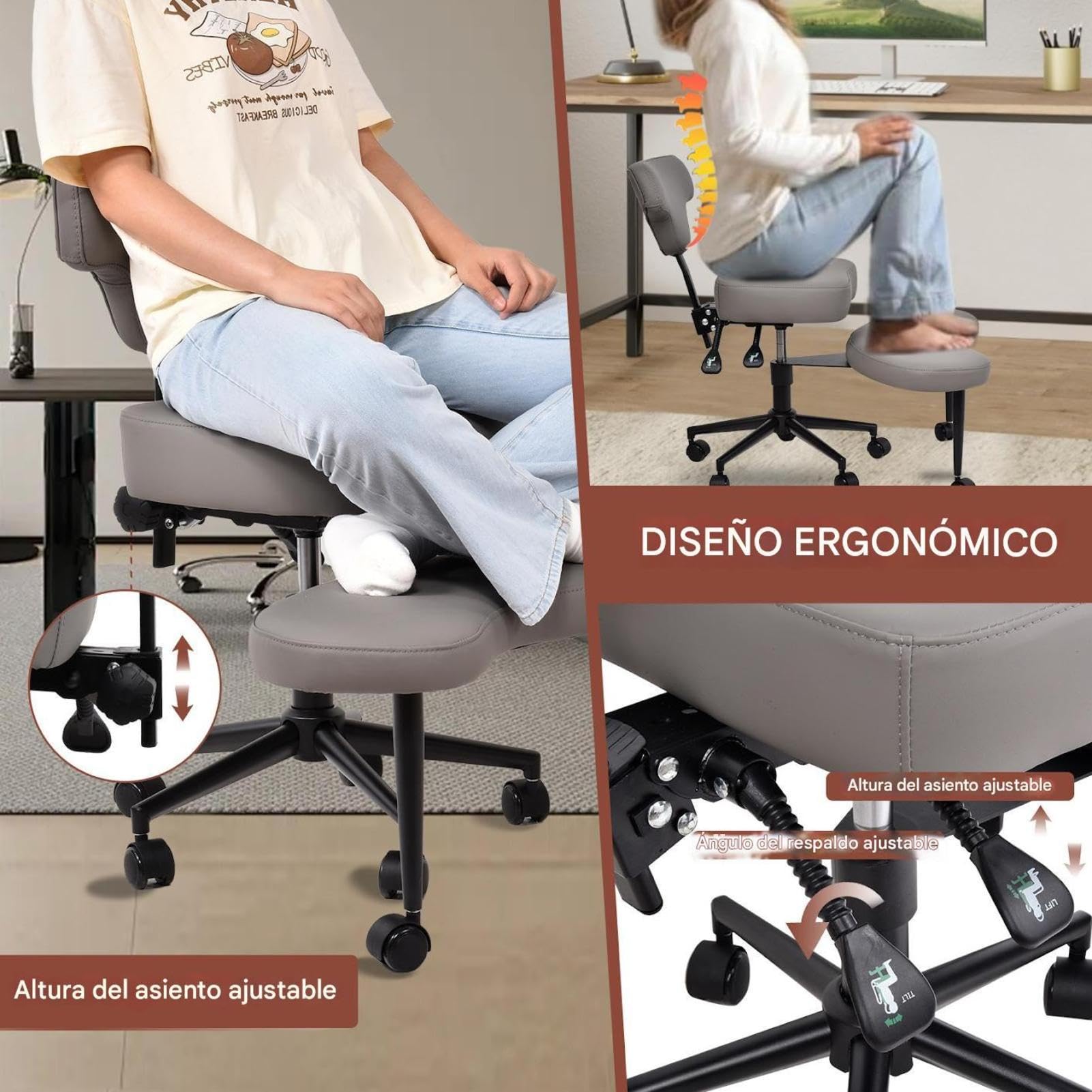 Silla De Meditación, Silla De Oficina Con Patas Cruzadas Para TDAH Con Ruedas, Asiento Ajustable En Altura Y Ángulo Con Soporte Lumbar Para Trabajadores De Oficina Sedentarios,adultos Inquietos Y Yoga