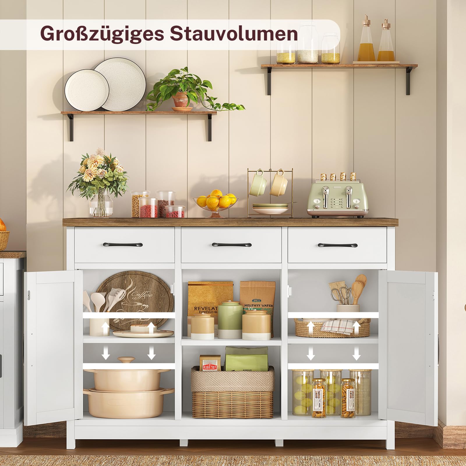 TEENFON Sideboard mit 2 Schränken, Sideboard Küchenschrank mit Arbeitsplatte, Buffetschrank mit 3 Schubladen & Verstellbaren Regalen, Küchenzeile für Küche, Wohnzimmer & Flur - 90 x 30 x 80 cm - Weiß