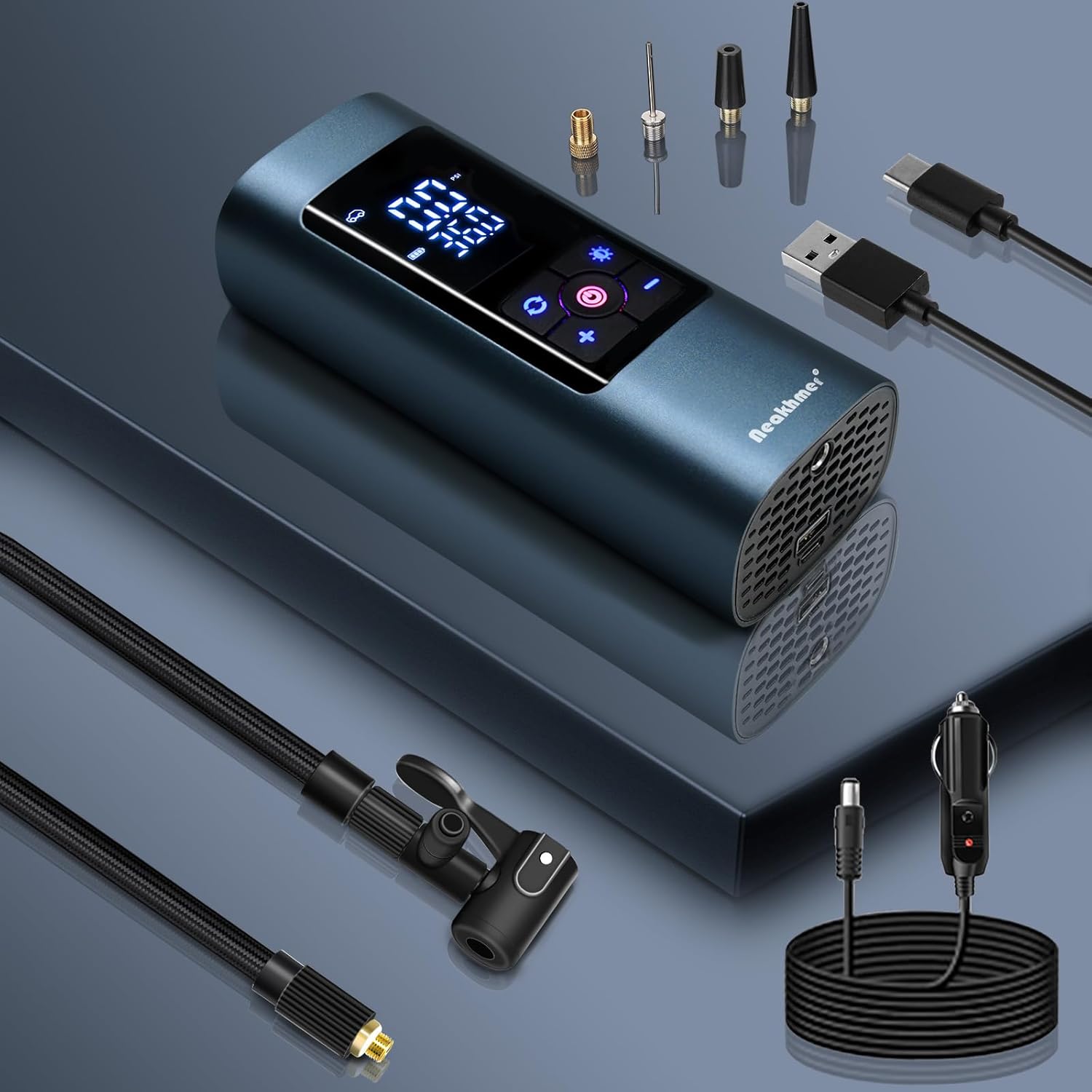 Tire Inflator Portable Air Compressor: Cordless Air Pump for Car Tires 150PSI - Tire Pump with Pressure Gauge for Car Bike Motorcycle Balls (Grey Blue)