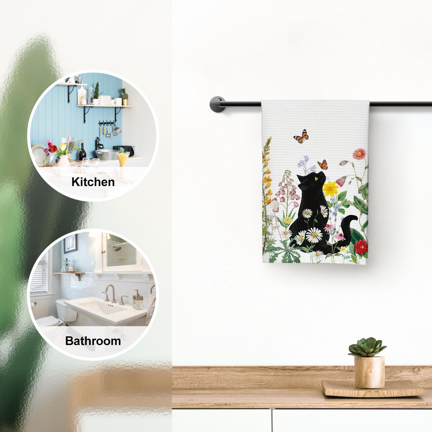 Black Cat Floral Spring Kitchen Towels Dish Towels, 16x24 Inch Farmhouse Summer Plants Decoration Hand Towels - Image 3