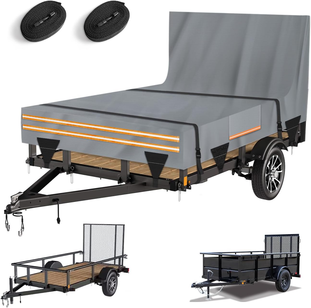 5 x 10 All-Weather Protectiondproof Utility Trailer Cover, Heavy Duty 600D Waterproof Cover with Rear Landscape/Tailgate Ramp with Windproof Ropes Fits 5 x 10 FT Trailers, Light Gray