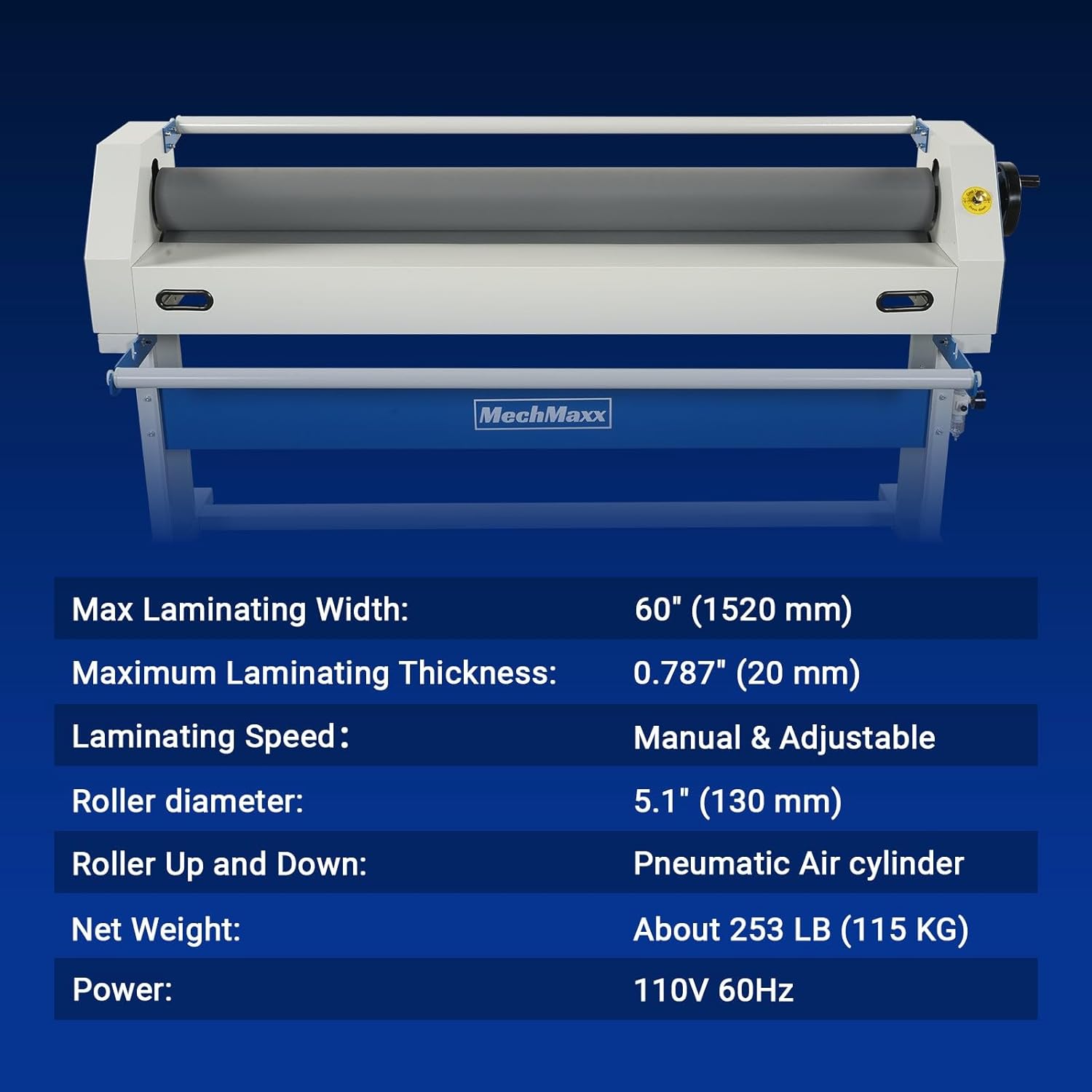 63" Laminator Manual Cold Laminating Machine 60" Max Width, Pneumatic Roller Lift & Wear-Resistant Rubber Roller Portable Stand Included, (Requires Air Compressor, Not Included),1600-C1