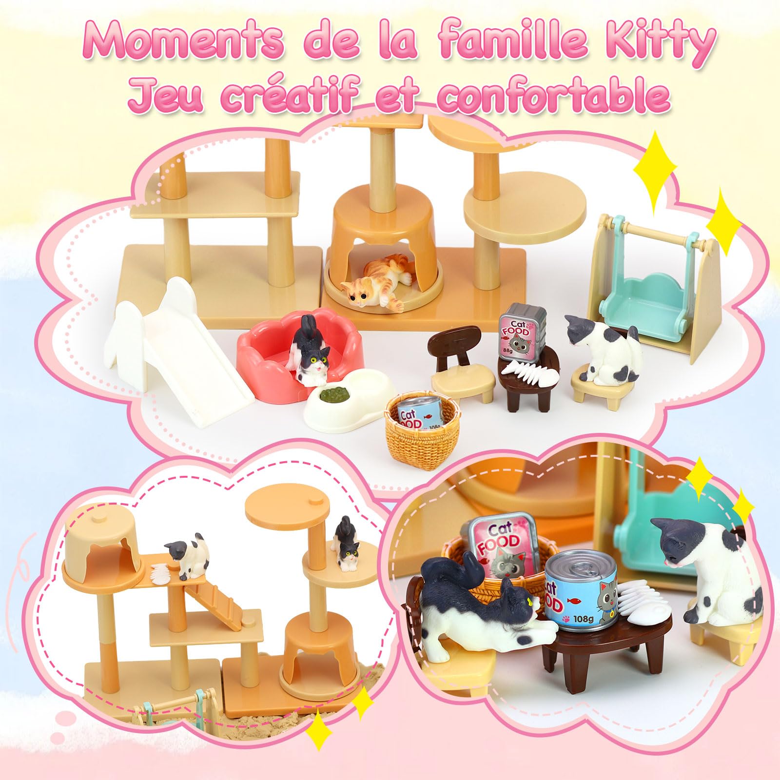 VBACALA Magic Sand Set avec Bac à Sable à 2 Étages,500g de Sable Magique,Figurines de Chiens et Chats,Jouets Sensoriels pour Enfants 3+ Ans,Jeux Créatifs avec Sable,Cadeau pour Garçons et Filles