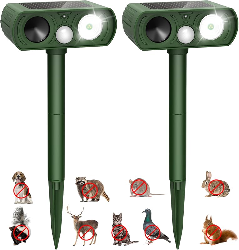 Repelente solar ultrasónico de animales, repelente de ciervos impermeable, repelente de gatos al aire libre con detección de movimiento, ardilla, paquete de 2