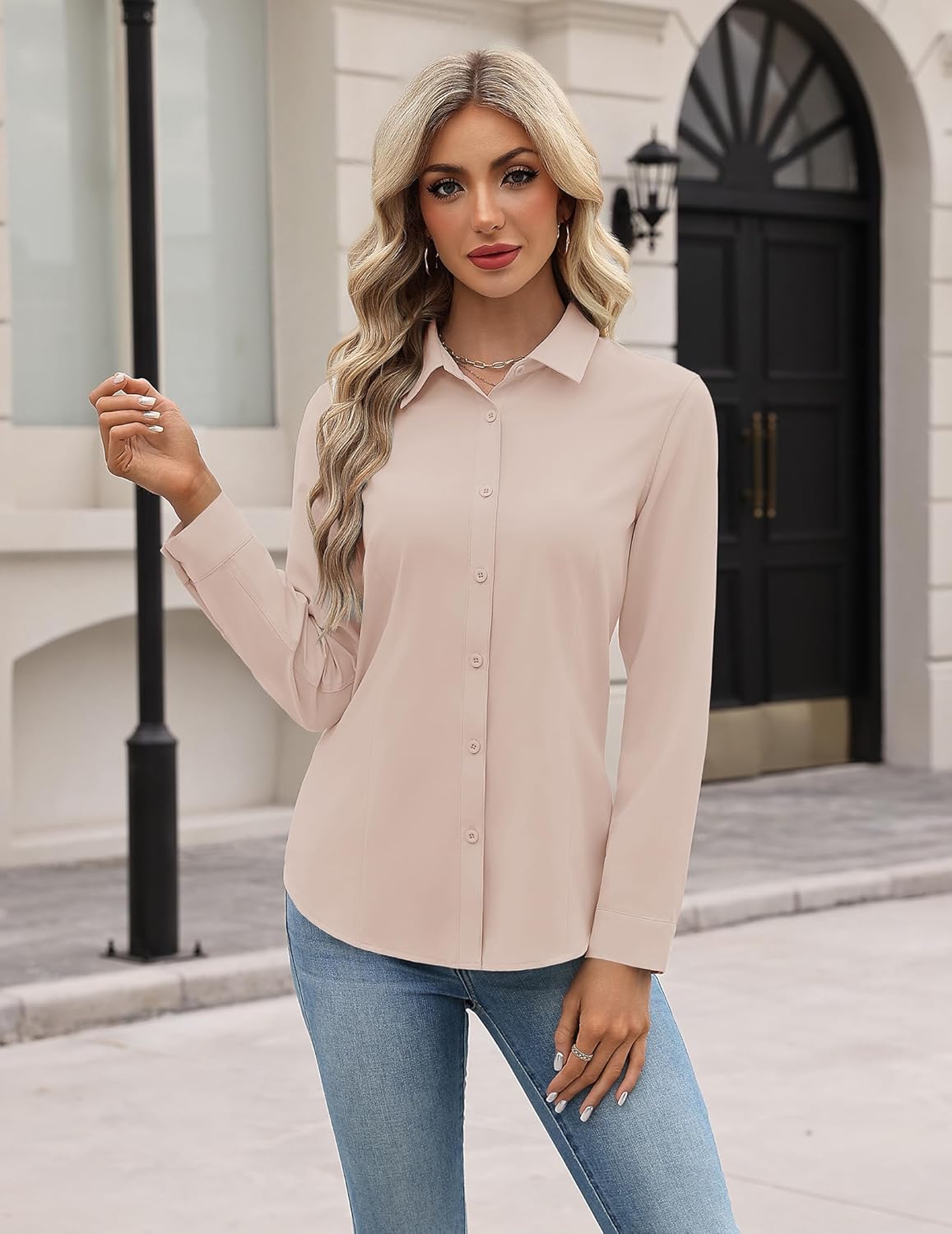 HOTOUCH Women Button Down Shirts Long Sleeve Stain Shield Dress Shirts Slim fit Work Blouses Office Business Tops - Image 3