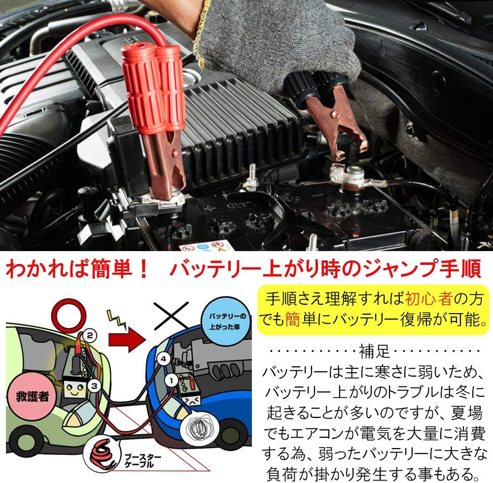 Amazon バッテリーブースターケーブル 4m 500a対応 6v 12v 24v 軽自動車 普通車 大型トラック対応 ブースターケーブル 車 バイク