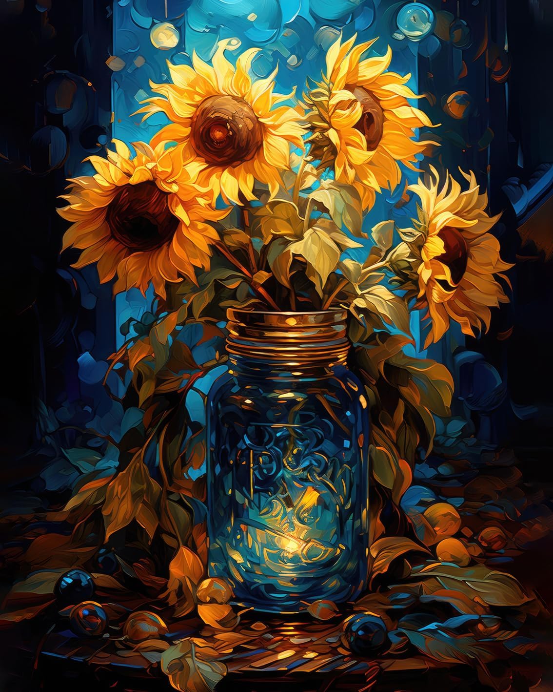 TUMOVO Paint by Number for Adults DIY Paint by Numbers Sunflowers in a Glass Jar Night Sky Abstract Paint by Numbers for Beginners Oil Hand Painting by Numbers Home Wall Decor Art Crafts 16x20 inch
