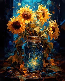 TUMOVO Paint by Number for Adults DIY Paint by Numbers Sunflowers in a Glass Jar Night Sky Abstract Paint by Numbers for Beginners Oil Hand Painting by Numbers Home Wall Decor Art Crafts 16x20 inch