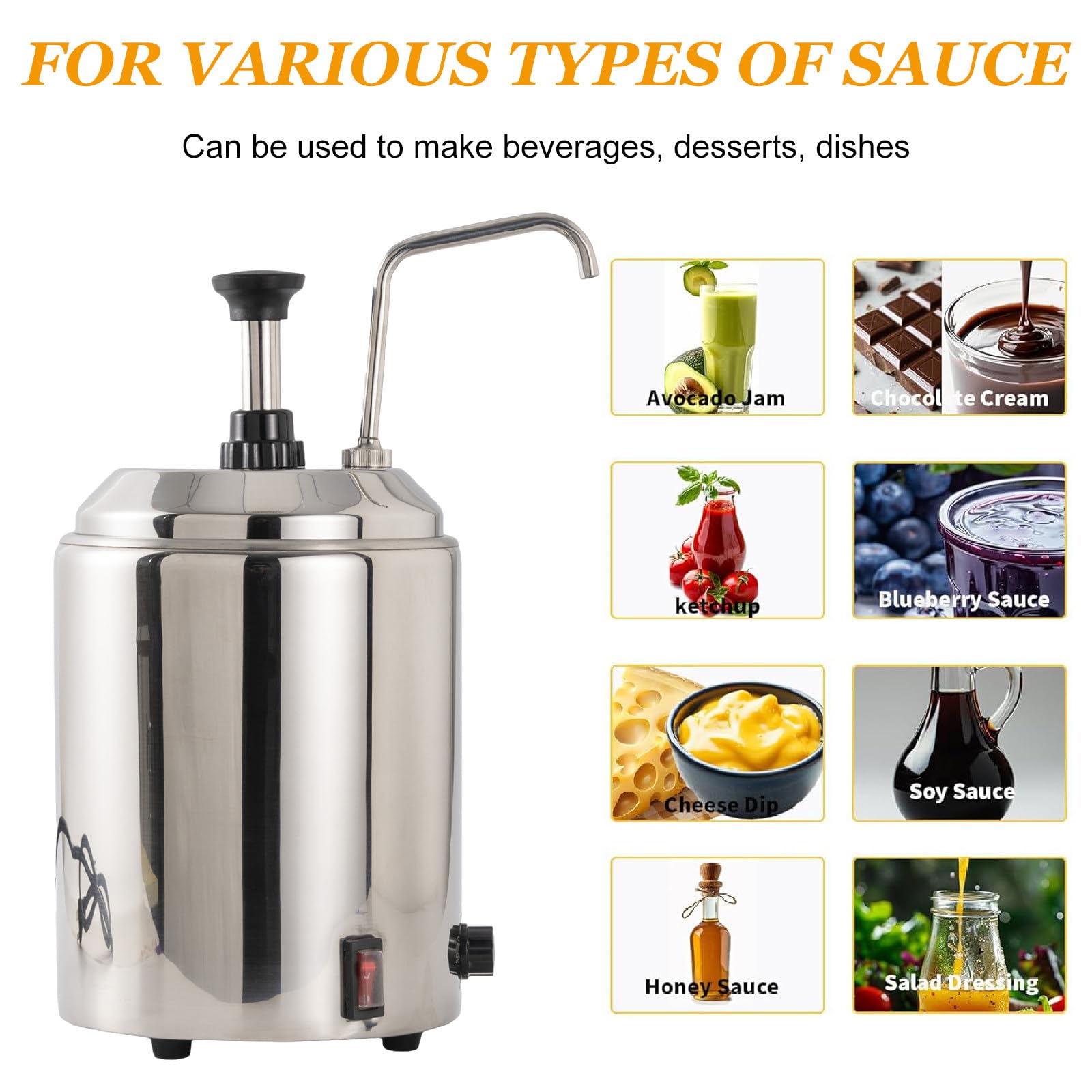 Calentador De Queso Nacho Con Bomba, Dispensador De Queso Nacho, Calentador De Salsa De Chocolate Caliente De Acero Inoxidable Con Ajuste De Temperatura De 5 Niveles,Round Single Heads-220V