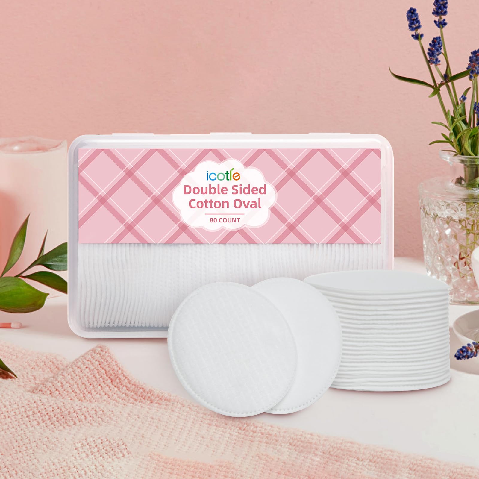 ICOTLE Almohadillas ovaladas grandes de algodón, 80 unidades, multicapa, sin pelusas, de doble cara, almohadillas ovaladas de algodón ultrasuave para eliminación de maquillaje, limpieza y aplicación