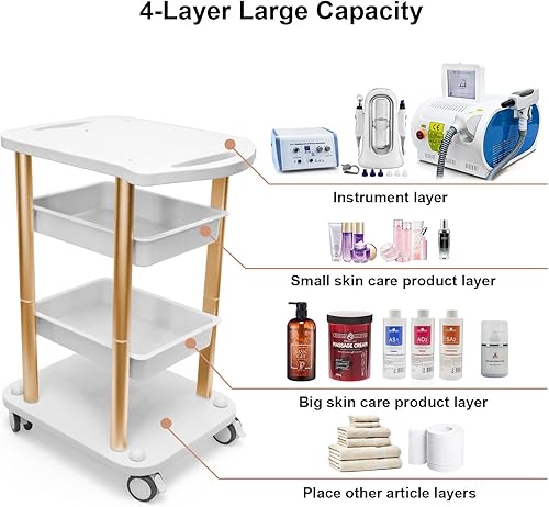 Miniatura 4 de Elitzia Carro facial de 2 piezas por juego, 4 estantes de aluminio ABS, marco dorado, para salón de belleza, spa, organizador de spa, carrito con