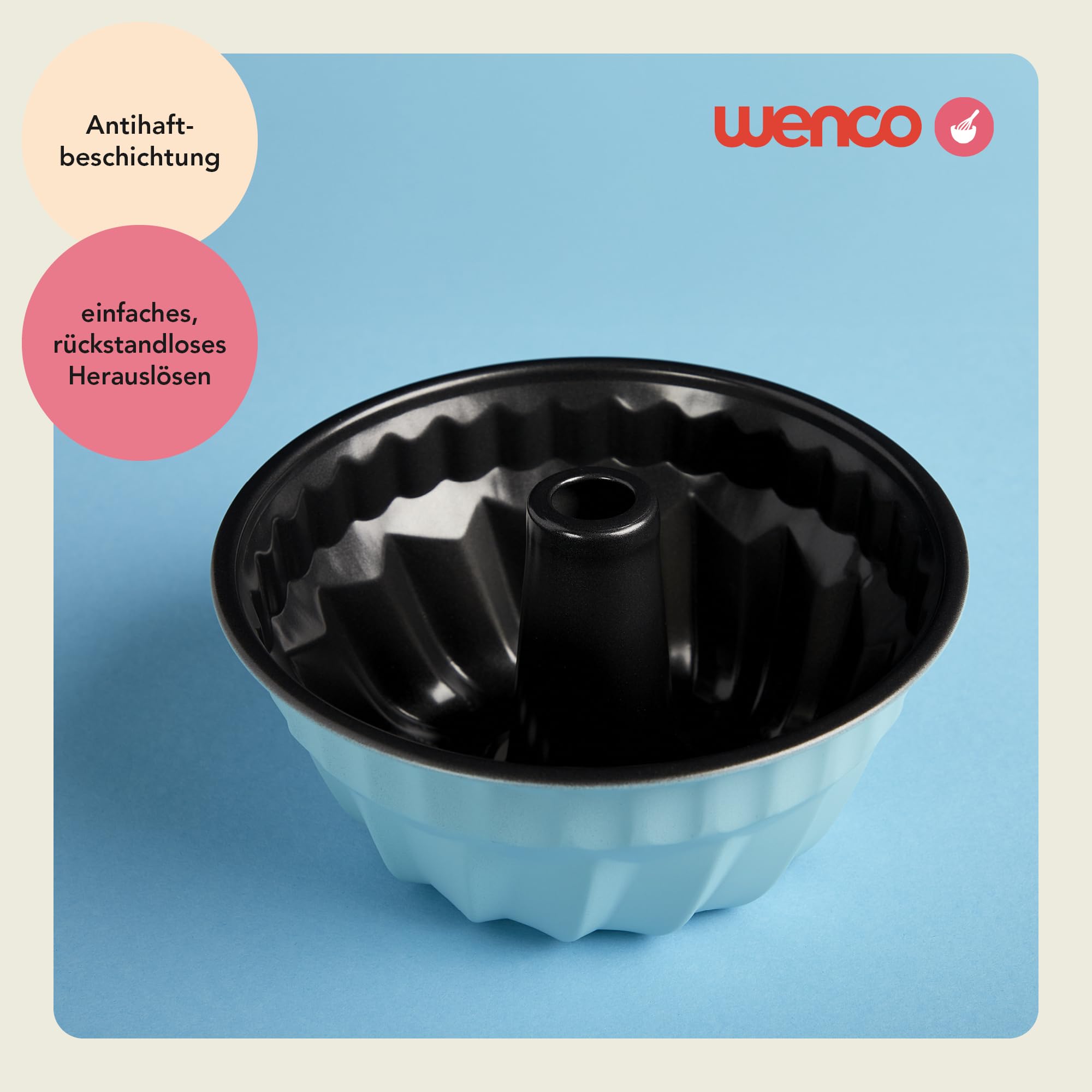 wenco Mini forma do babeczek, średnica 18 cm, idealna do małych ciast, wysokiej jakości powłoka nieprzywierająca, wykonana z wytrzymałej stali, równomierne rozprowadzanie ciepła, w stylowej miętowej