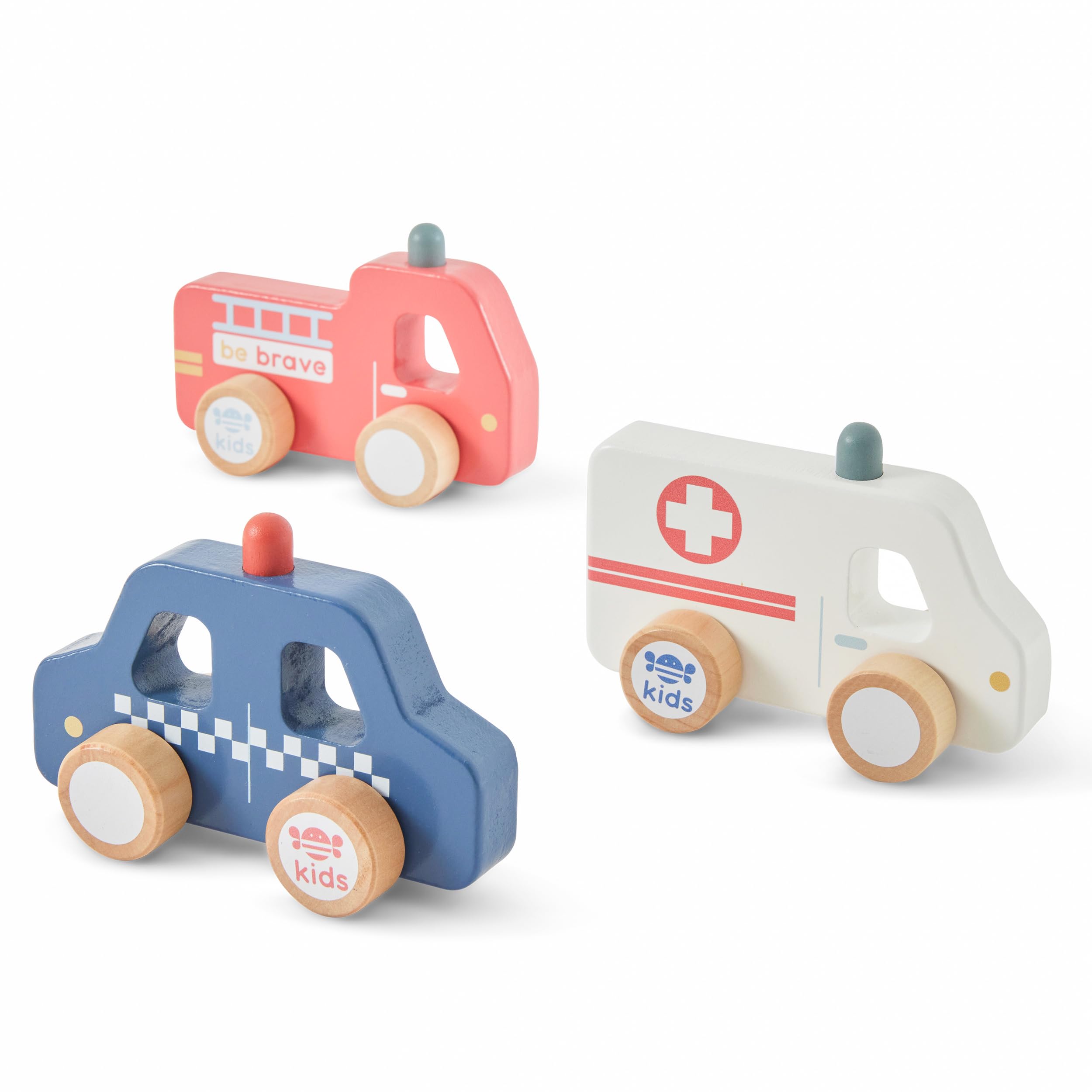Just bee kids Wooden Emergency Vehicles Set | Boys & Girls 10+ Months | FSC Certified Sustainable Wood | Pastel Colours | Smooth Edges | Fire Engine, Police Car, Ambulance | Kids Toys Gifts