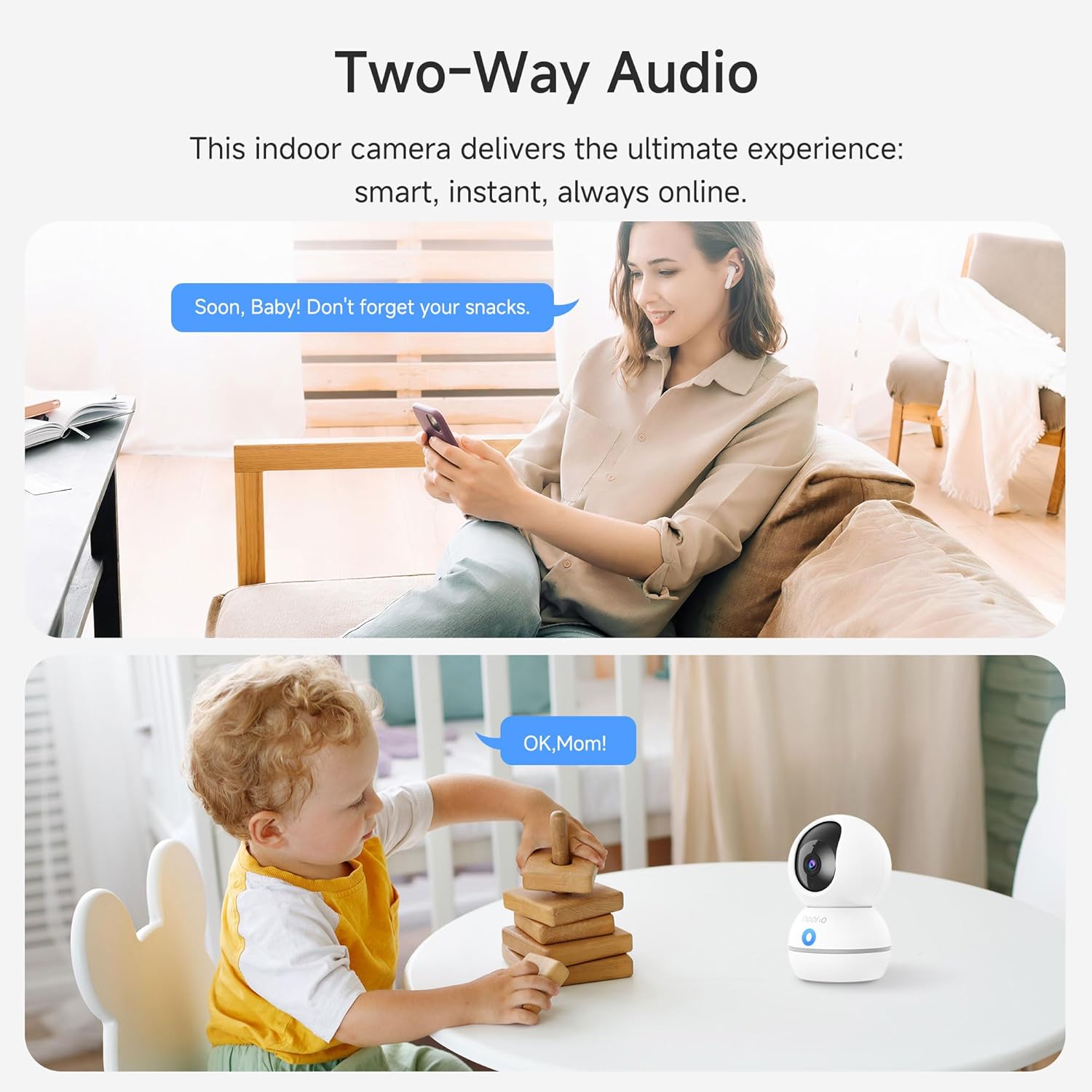 Noorio Security Camera Indoor, 4MP UHD Pet/Dog Camera 360-Degree for Home Security, One-Touch Call, Auto Motion Tracking, Night Vision, 2.4G Only