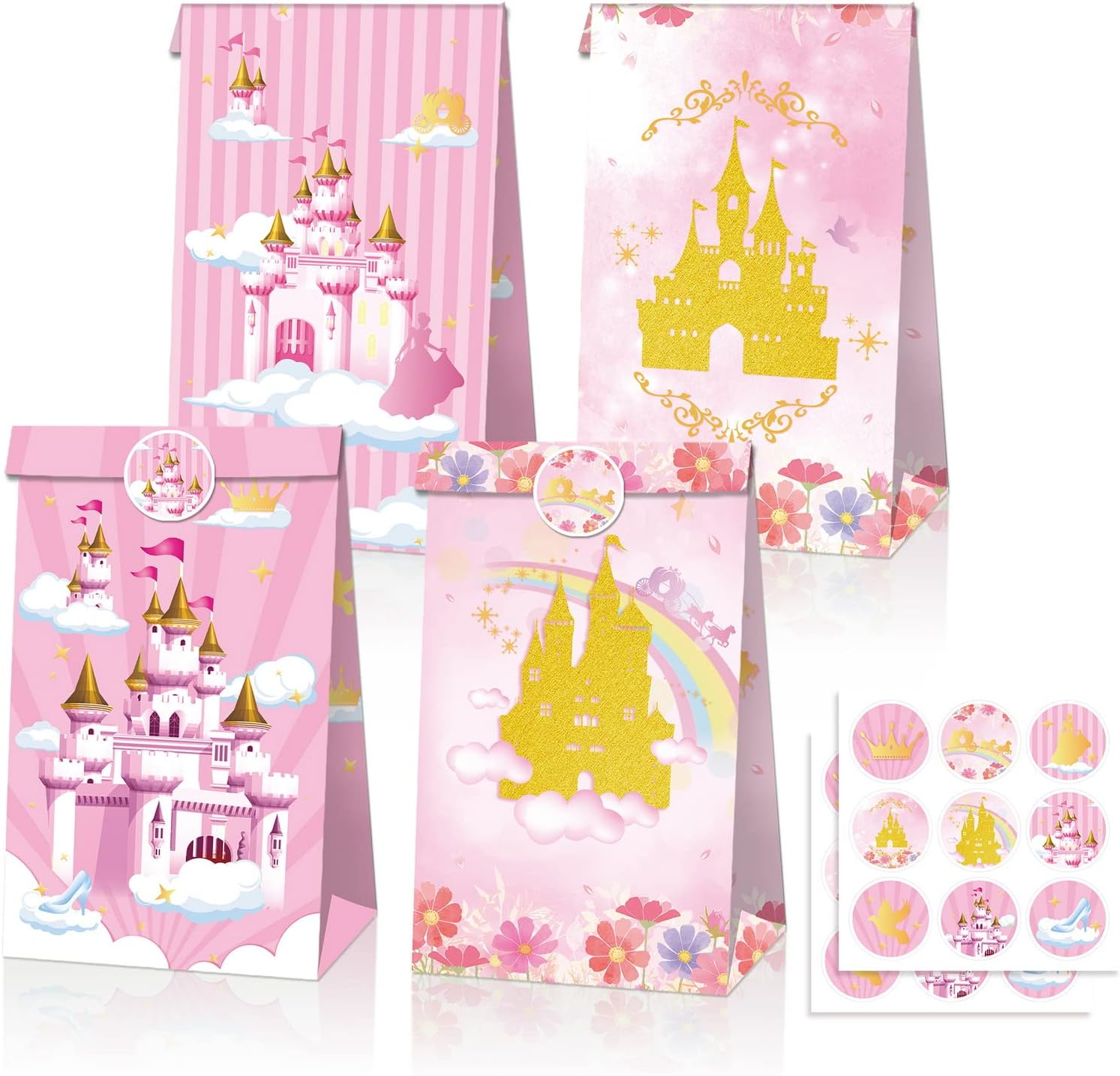 12 Pcs Favor Treat Bag, Pink Castle Candy Goodie Bags Favor Gift Bags With Stickers Princess Theme Birthday Party Supplies