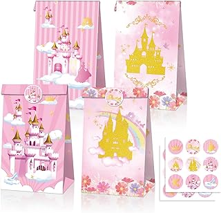 12 Pcs Princess Party Favor Treat Bag, Pink Princess Castle Candy Goodie Bags Princess Party Favor Gift Bags With Stickers Princess Theme Birthday Party Supplies