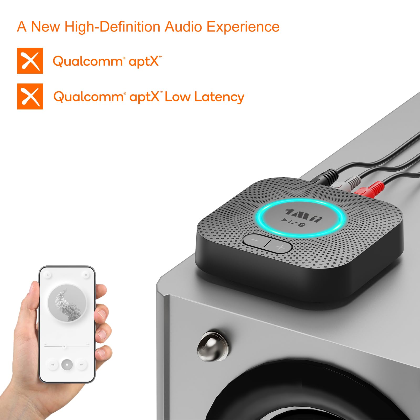 1Mii B06S Récepteur Bluetooth 5.2 pour système de streaming de musique, adaptateur audio sans fil Hi-Fi pour récepteur stéréo avec aptX HD aptX faible latence, récepteur Bluetooth avec contrôle du