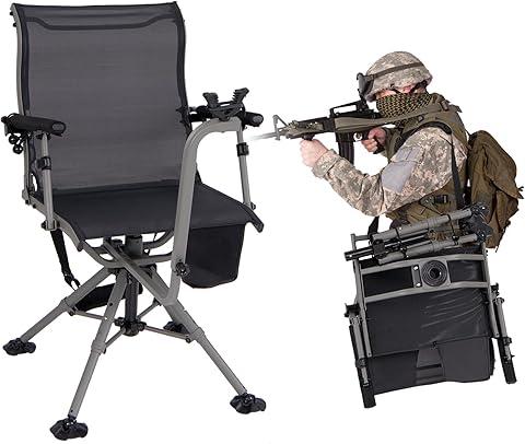 COSTWAY Silla de Caza Giratoria 360, Soporte para Rifle Ajustable, Patas y Reposabrazos Ajustables, Silla de Caza Plegbable y Portátil con Correa para Hombro, Carga 150kg, 62 x 62 x 102 cm, Negro