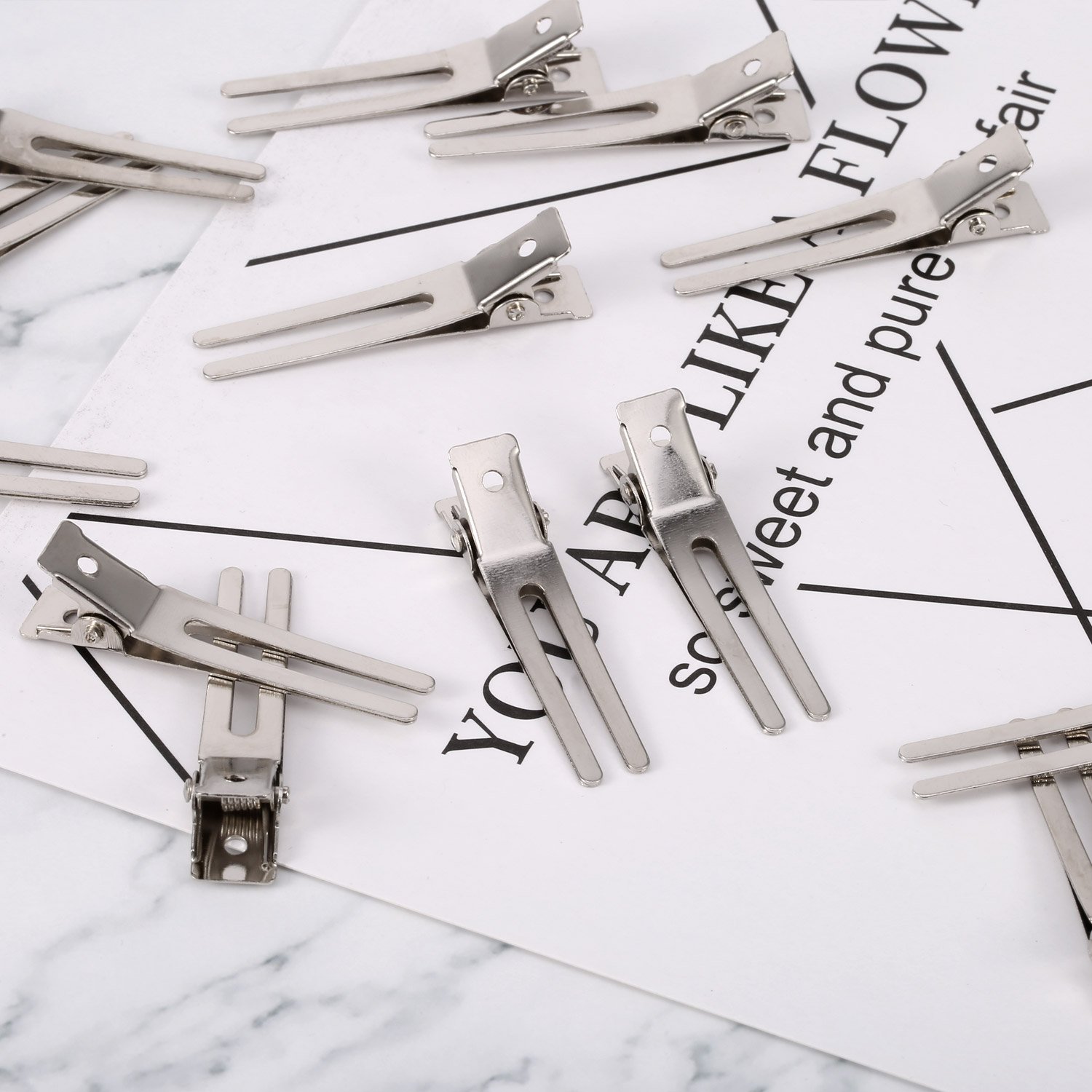 Pangda 1.8 Inches Hairdressing Double Prong Pin Curl Setting Section Hair Clips Metal Alligator Clips Silver Hairpins for Hair Extensions (50 Packs)