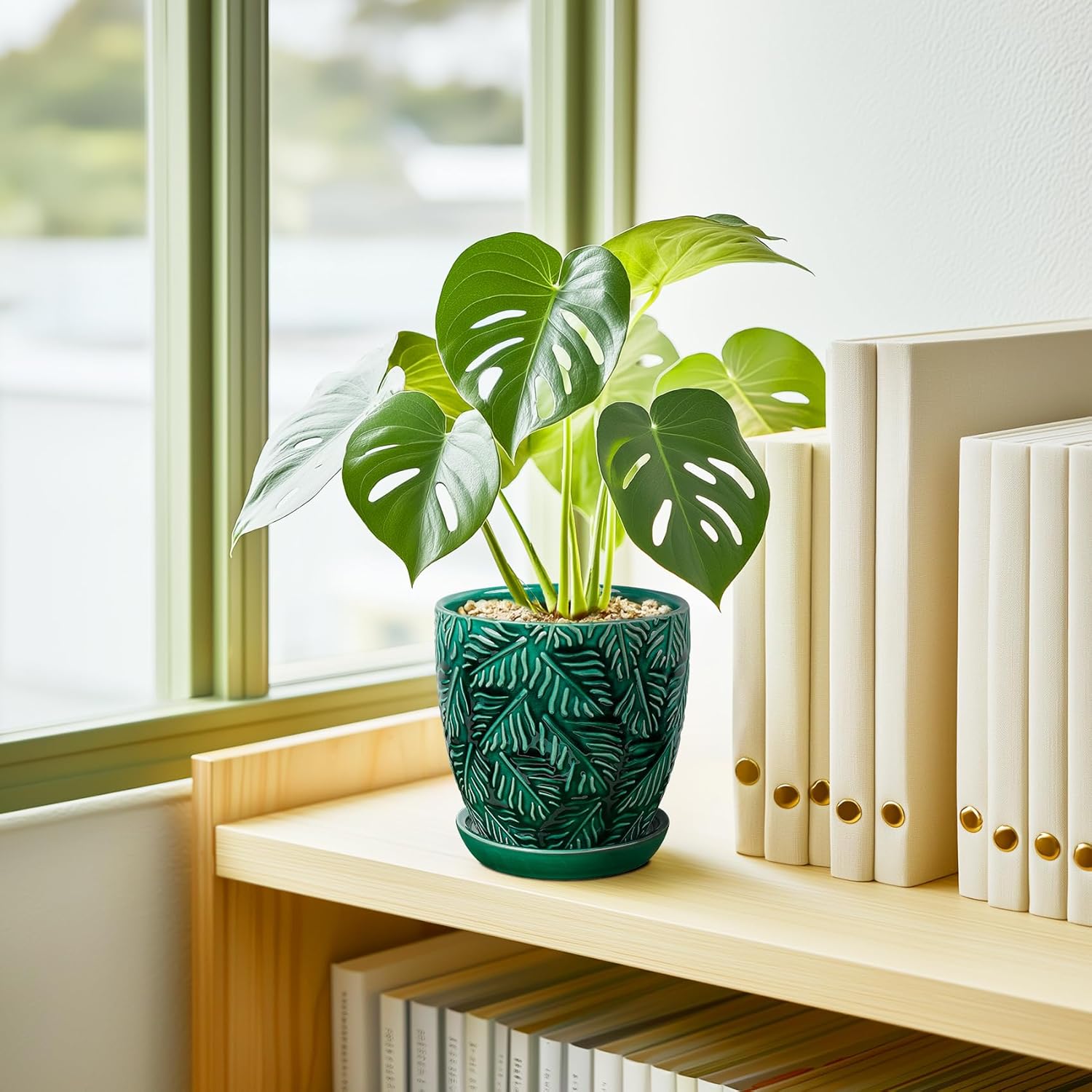 Ceramic Plant Pots, 6 Inch Indoor Plant pots with Drainage Hole and Saucer, Flower Pots, Leaf Embossed - Green Glaze, Set of 2