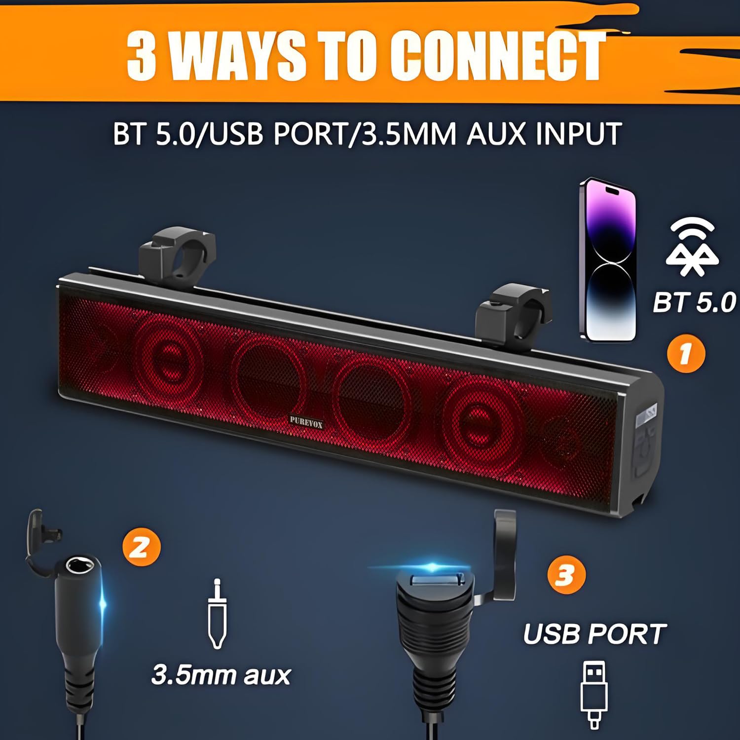 UTV Sound Bar, soundbar ATV da 66 cm, con luci multicolore SXS Sound Bar impermeabile Bluetooth Golf Cart Sound Bar per Polaris RZR Can-Am Defender Maverick