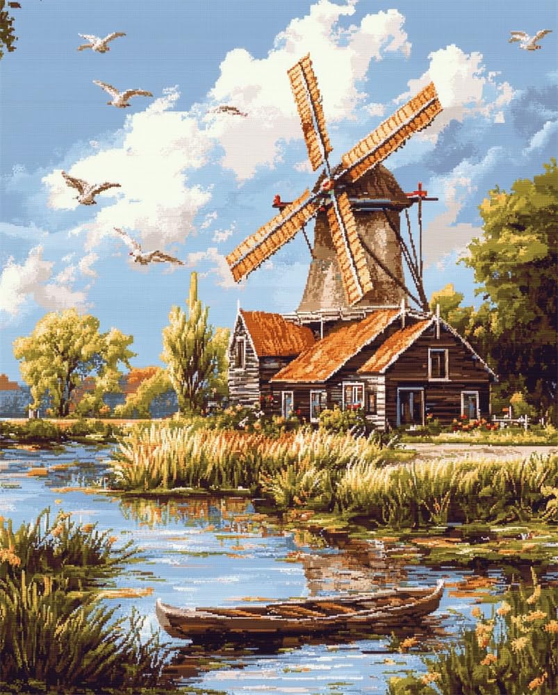 14Ct Cross Stitch,Dutch Windmill Scenery,15.7X19.7Inch (40X50Cm) 14 Count Counted Stamped Pre Printed Cross Stitch Embroidery Kits For Adults Beginners Starter Advanced Easy Crossstitch Patt