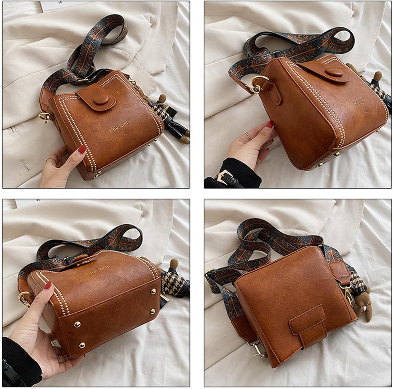 Vintage Fashion Bag With Adjustable Wider Shoulder Strap, Vintage Retro Small Water Bucket Bag, with Cute Doll Pendants