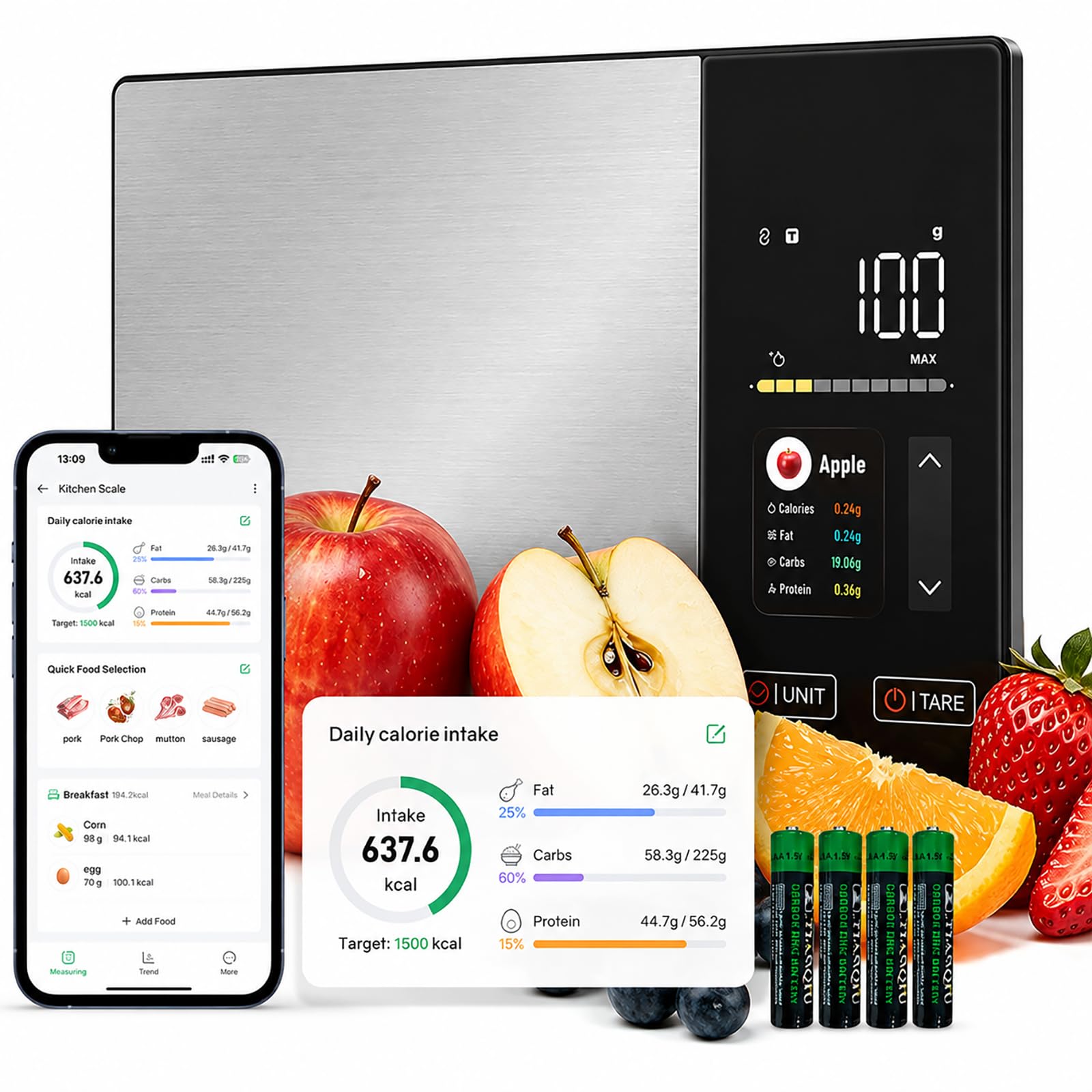 Balance alimentaire intelligente avec calculatrice nutritionnelle, application gratuite et affichage couleur, balance de cuisine numérique pour suivi des calories, des glucides, des graisses et des