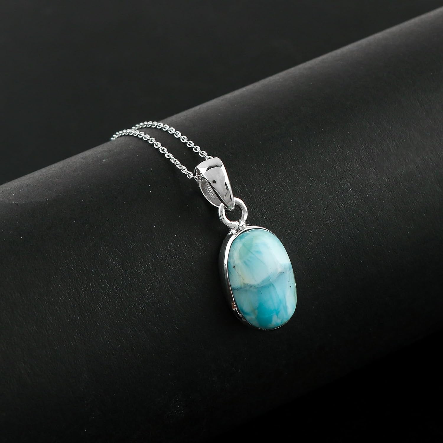 CRYSTALIS Natural Sea Larimar Pectolite Gemstone Cabochon Pendant Necklace, High Grade Crystal in Bezel, Chakra Healing Stone, Women Gift Jewelry, Dainty 925 Sterling Silver Chain 18 inch - Image 4