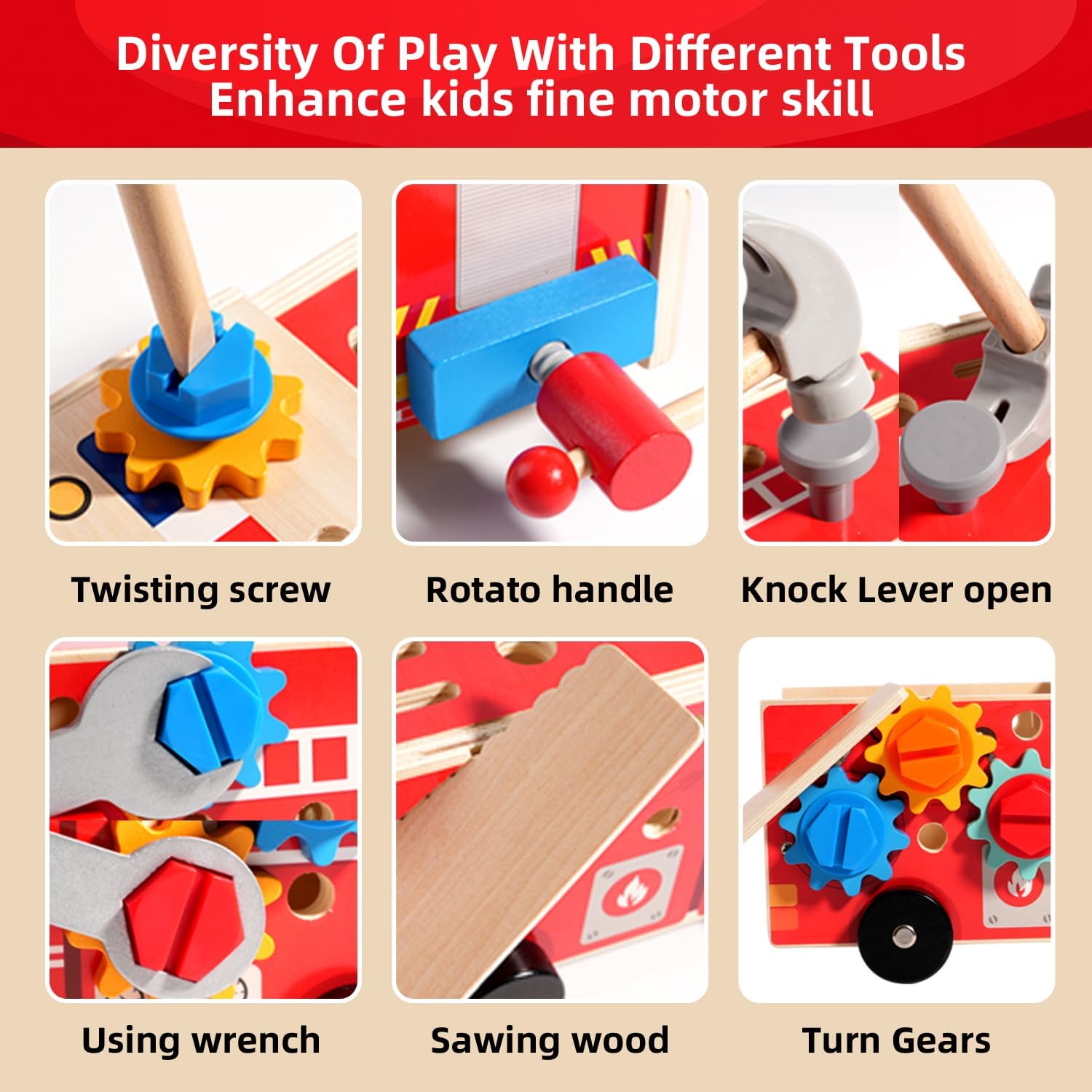 Coffret Outil En Bois 33 Pièces Pmueuff – Camion De Pompiers, établi Montessori, Jeu D’imitation Bricolage, Cadeau 2-5 Ans