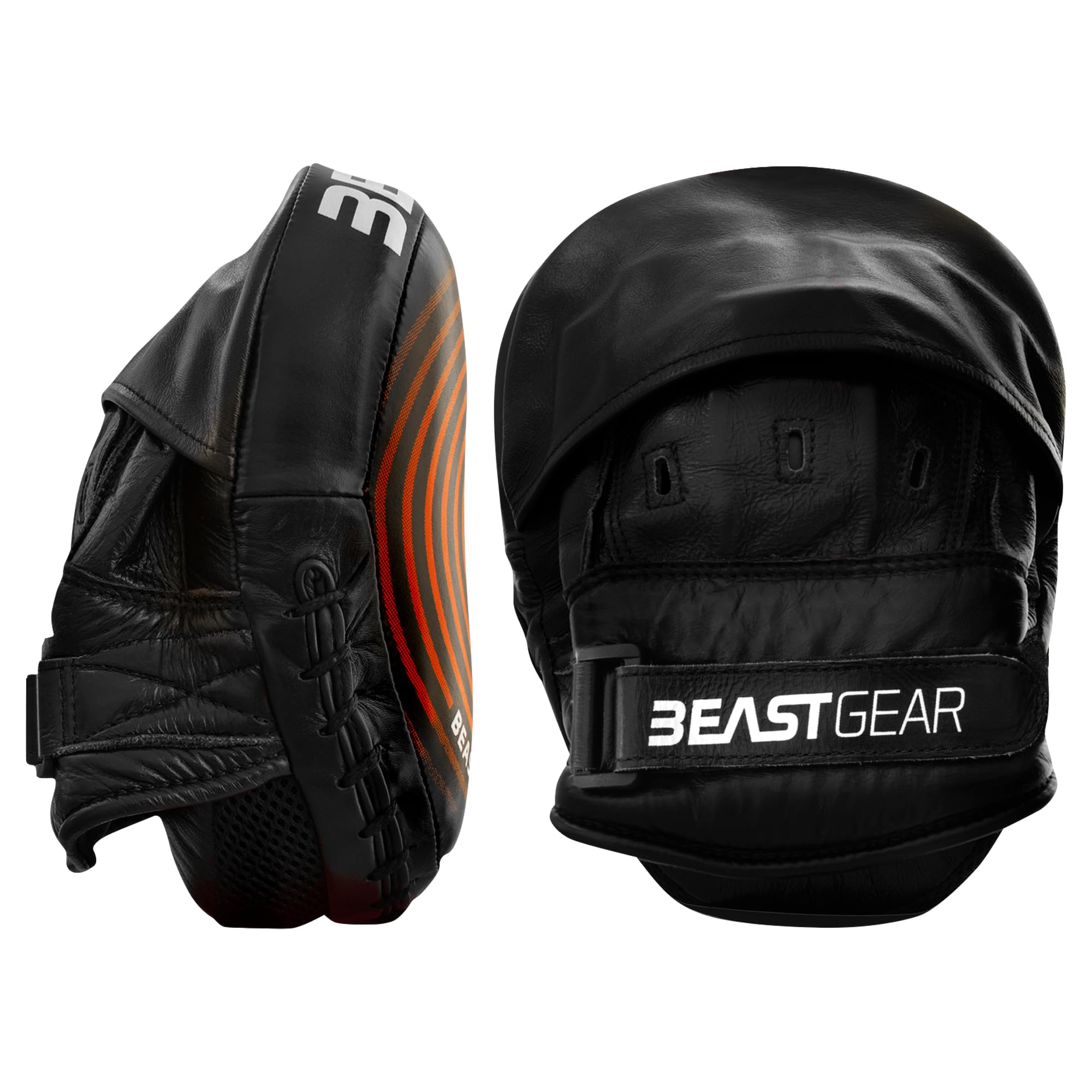 Beast Gear Almohadillas de boxeo de piel de vaca auténtica, diseño curvado con soporte de muñeca para MMA, Kickboxing y Muay Thai