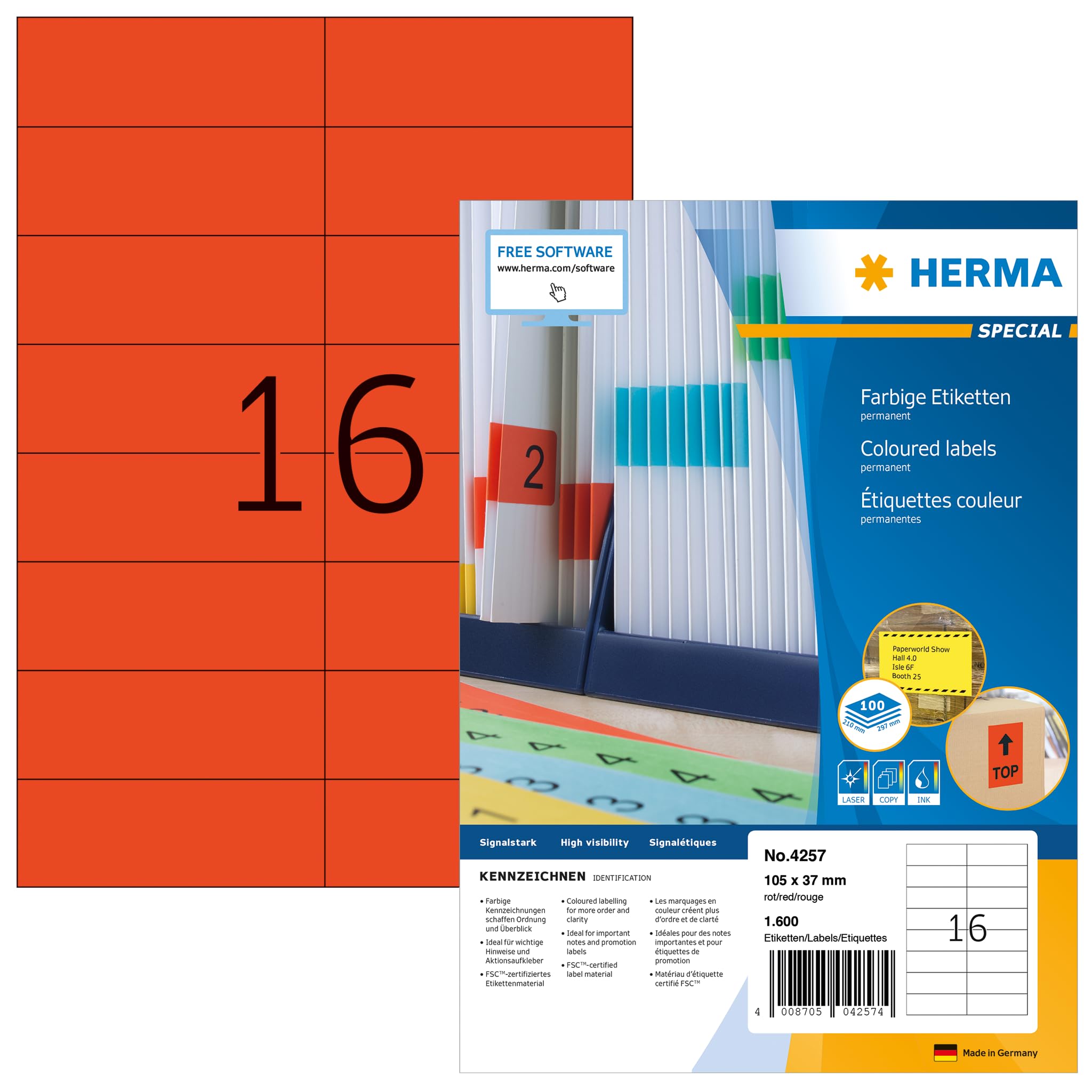 HERMA 4257 Farbige Etiketten rot, 100 Blatt, 105 x 37 mm, 16 pro A4 Bogen, 1600 Stück, selbstklebend, bedruckbar, matt, blanko Papier Farbetiketten Aufkleber