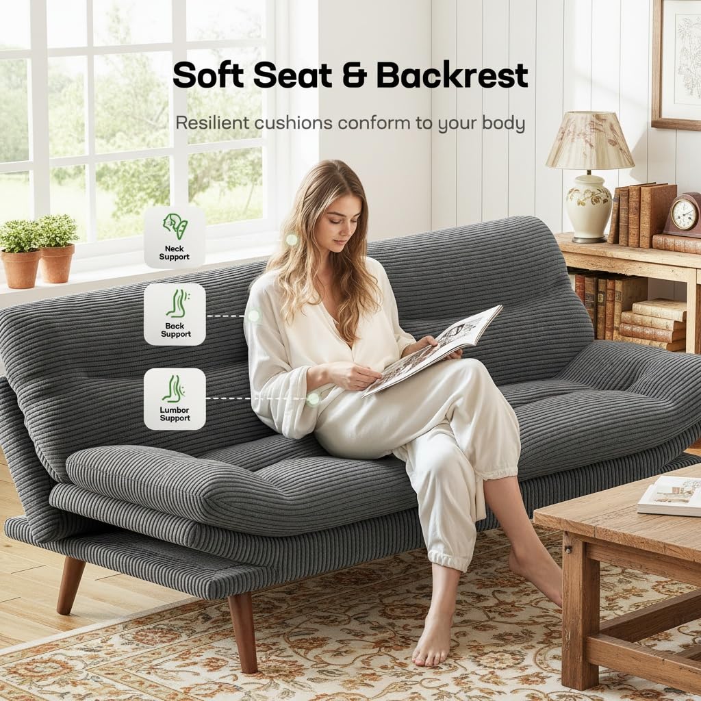 Marsail 66" Futon Sofa Bed, Convertible Corduroy Futon Couch with Adjustable Backrest & Armrests, Small Sleeper Sofa Loveseat for Living Room, Apartment, Office, Light Gray