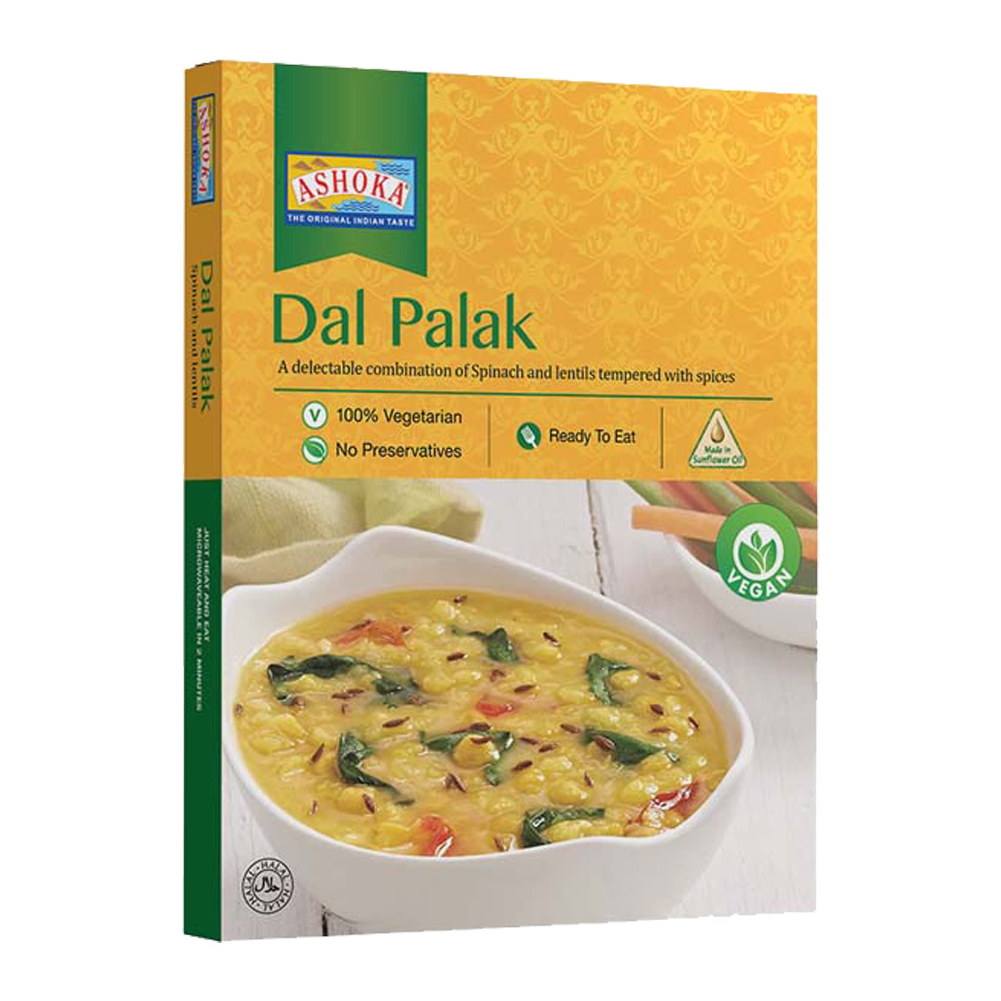Ashoka All-Natural Entrees 1932, Vegan Spinach and Lentils, Microwave Friendly Meals, Authentic Indian Dal Palak, Great for Outdoors, Kosher Certified, Gluten-Free & with No Preservatives, Pack of 1