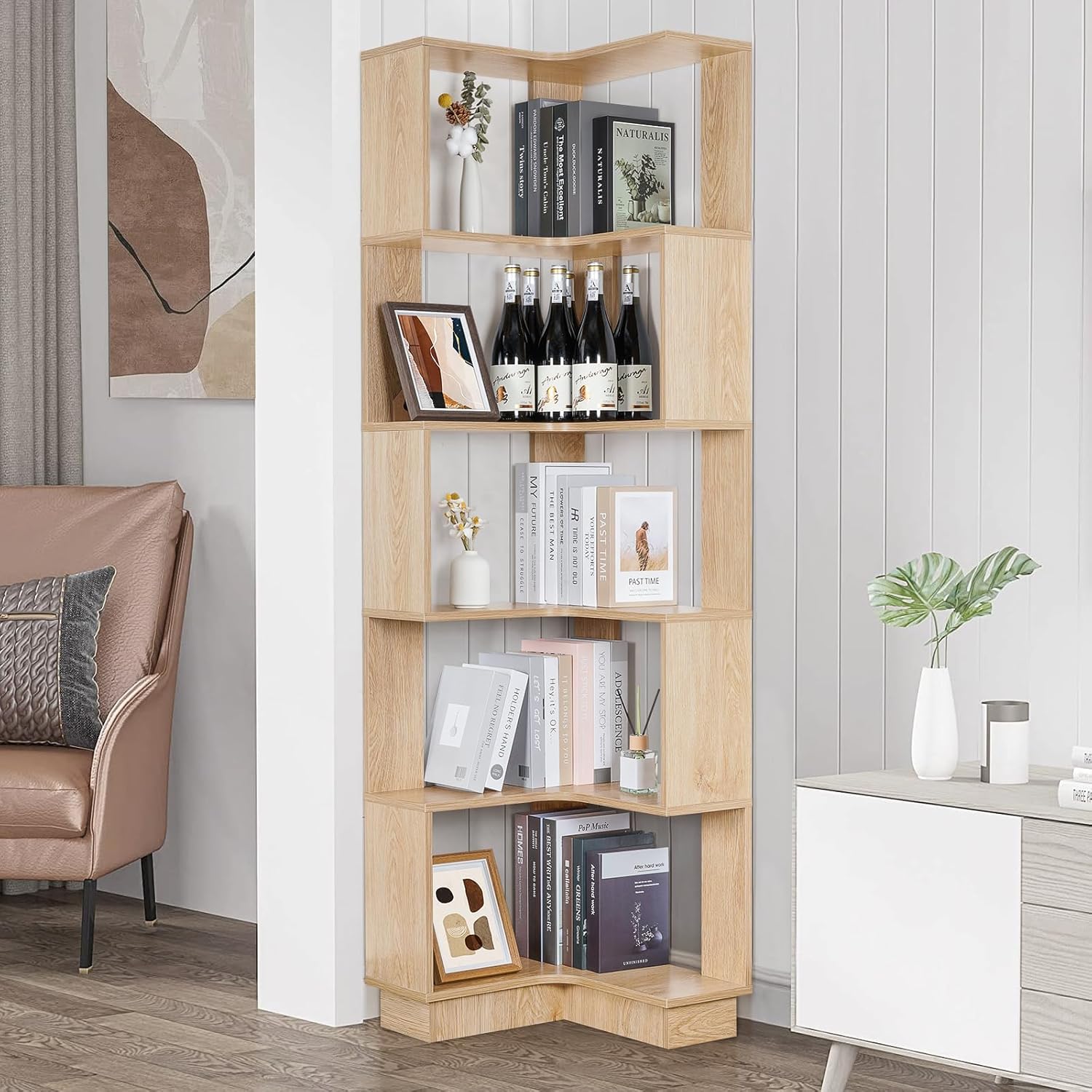 Nisorpa 5 Tier Corner Bookcase Floor Standing, Wooden Corner Bookshelf Unit, Tall Corner Shelf Unit Display Cabinet for Living Room Bedroom Office