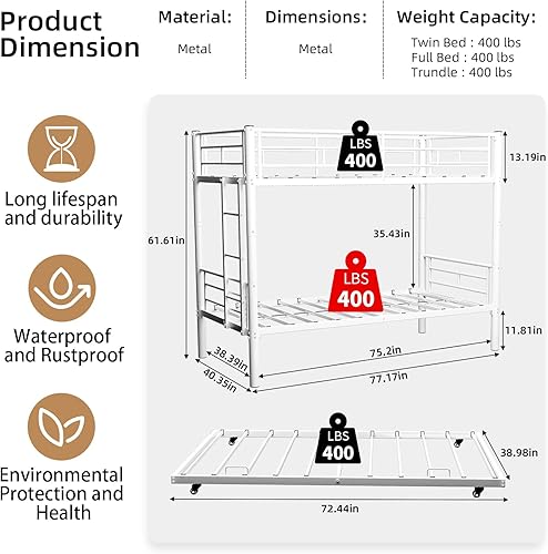 Miniatura 64 de GNIXUU Literas de tamaño individual sobre matrimonial, marco de literas bajas de metal resistente con barandilla de seguridad y escalera para