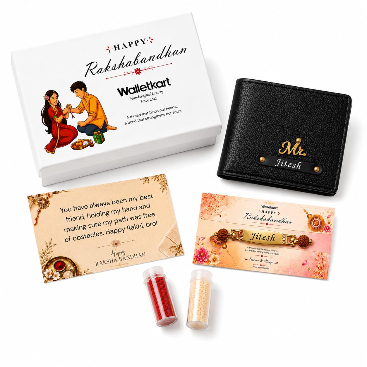 Personalized Executive Leather Wallet with Custom Name Rudraksha Rakhi | Premium Gift Box with Roli & Chawal | Raksha Bandhan Gift for Brother (Black)-image-49