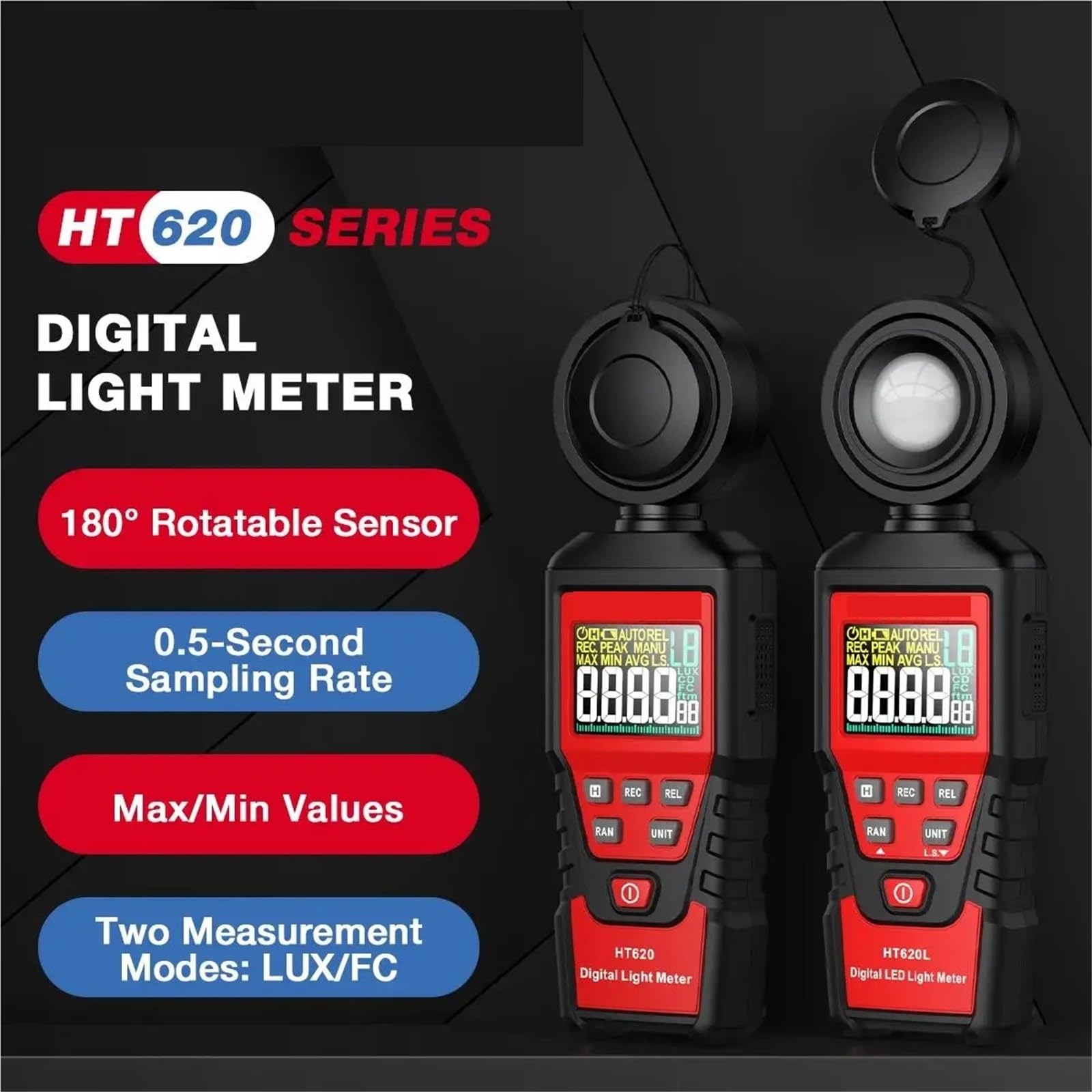 Esposimetri, Misuratore di luce illuminamento digitale temperatura ambiente portatile con portata fino a 200.000 Lux Luxmetro(HT620L)