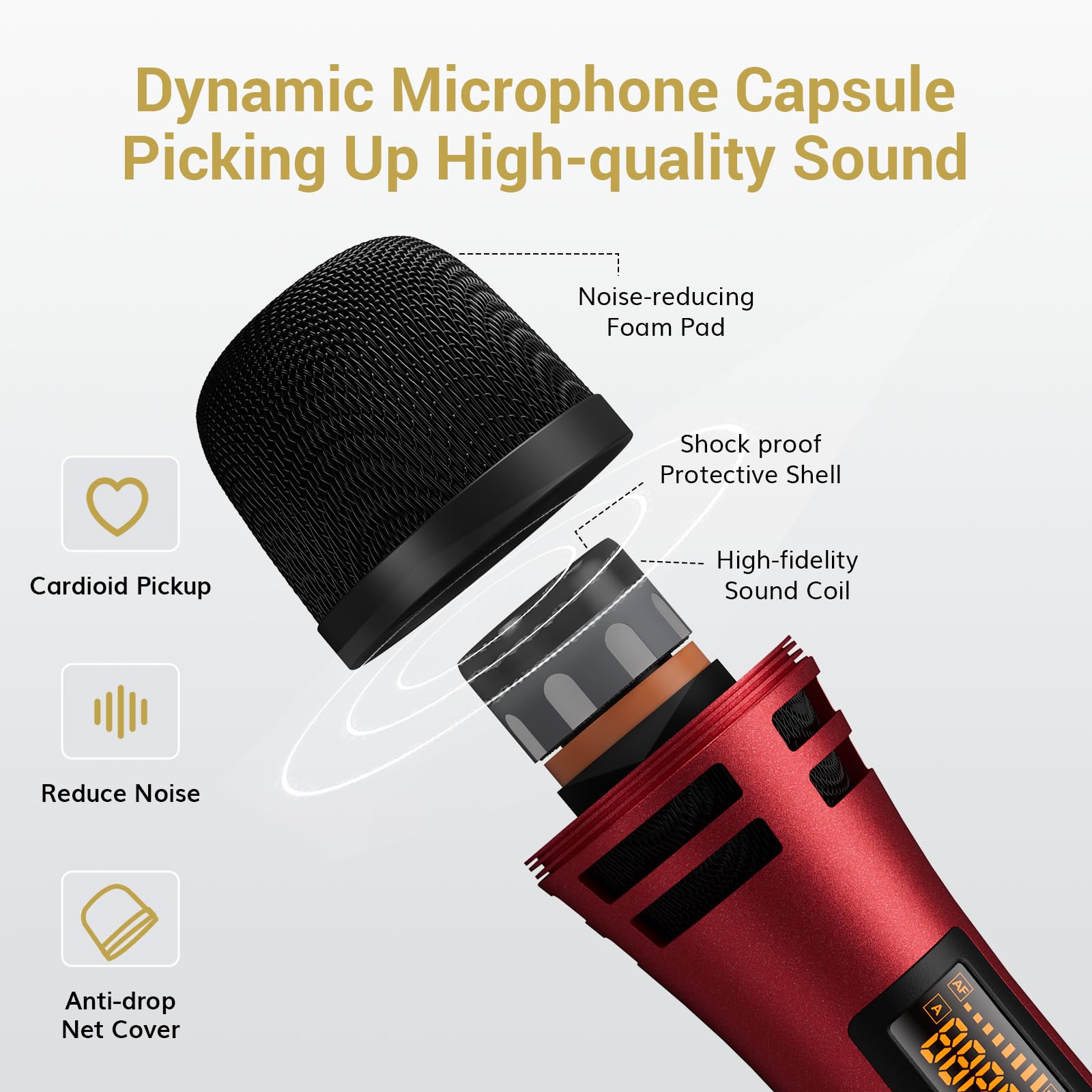 TONOR Microfono senza fili, UHF Sistema Karaoke con Due Microfoni Dinamici, Microfoni Inalambrici con Ricevitore Ricaricabile Kit per Canto, Matrimoni, DJ Party, Discorsi, 60M, Nero&Rosso, TW320